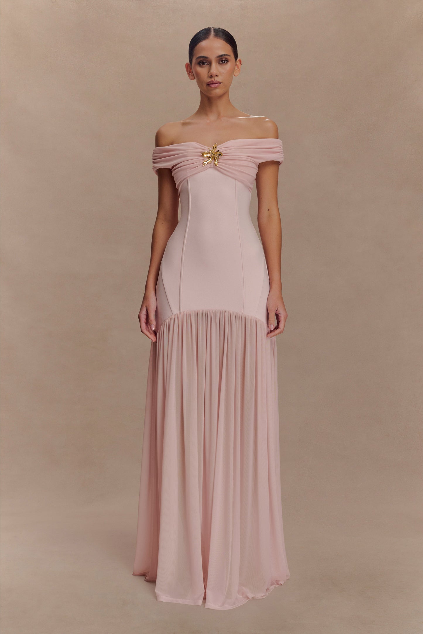 Kellie Off Shoulder Crepe Maxi Dress - Blush Pink
