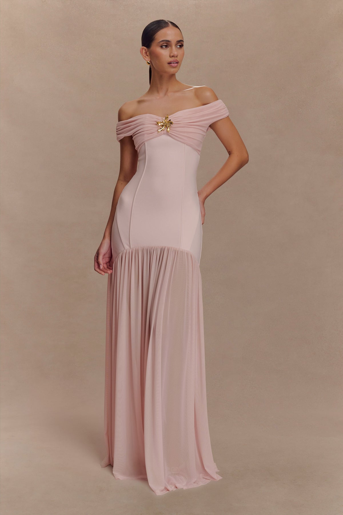 Kellie Off Shoulder Crepe Maxi Dress - Blush Pink