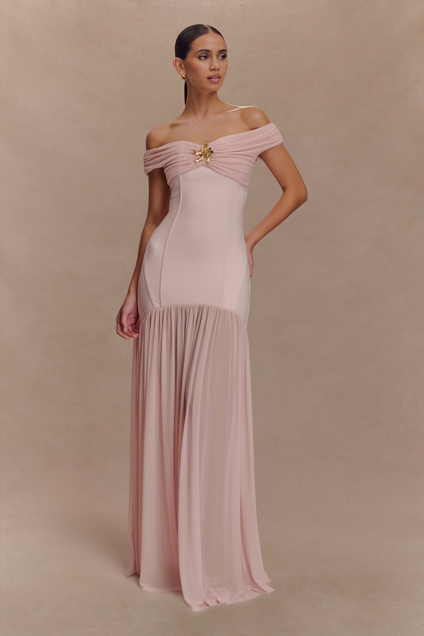 Kellie Off Shoulder Crepe Maxi Dress - Blush Pink