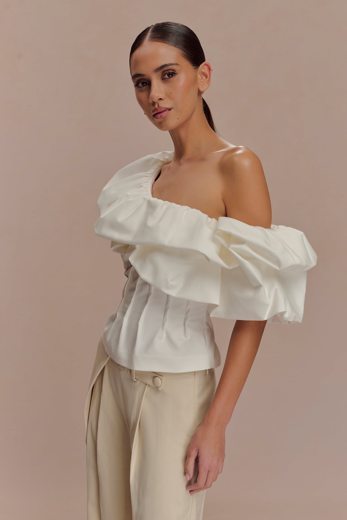 Debbie One Shoulder Bubble Top - White