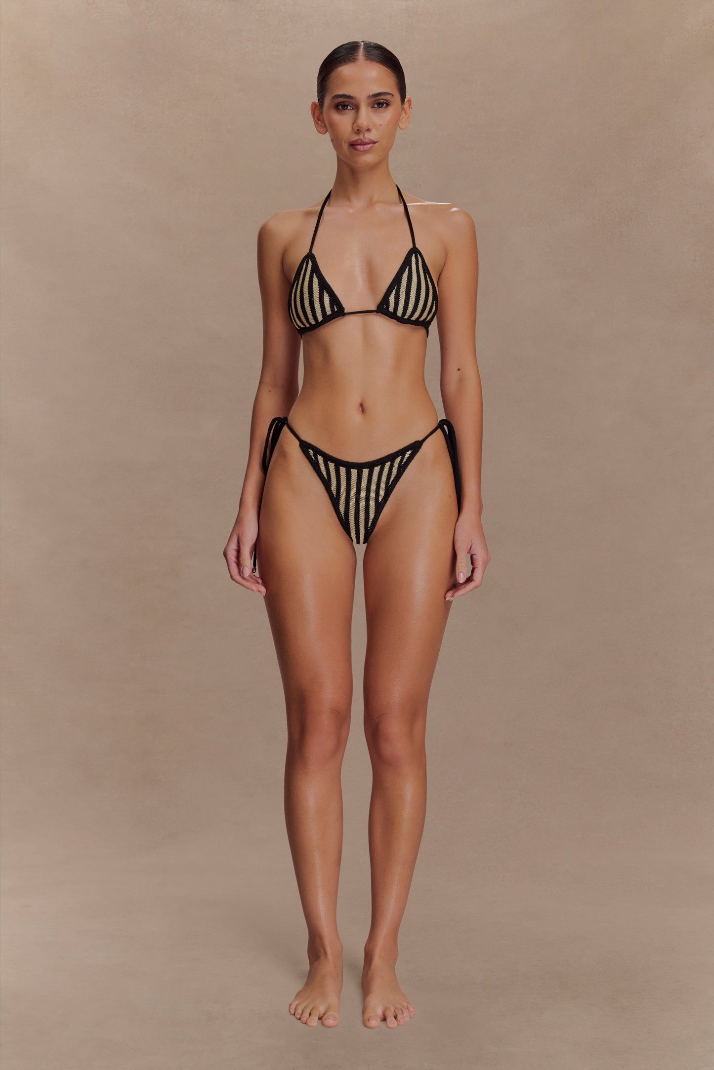 Corrie Crochet Tie Up Bikini Bottom - Black And Neutral Stripe
