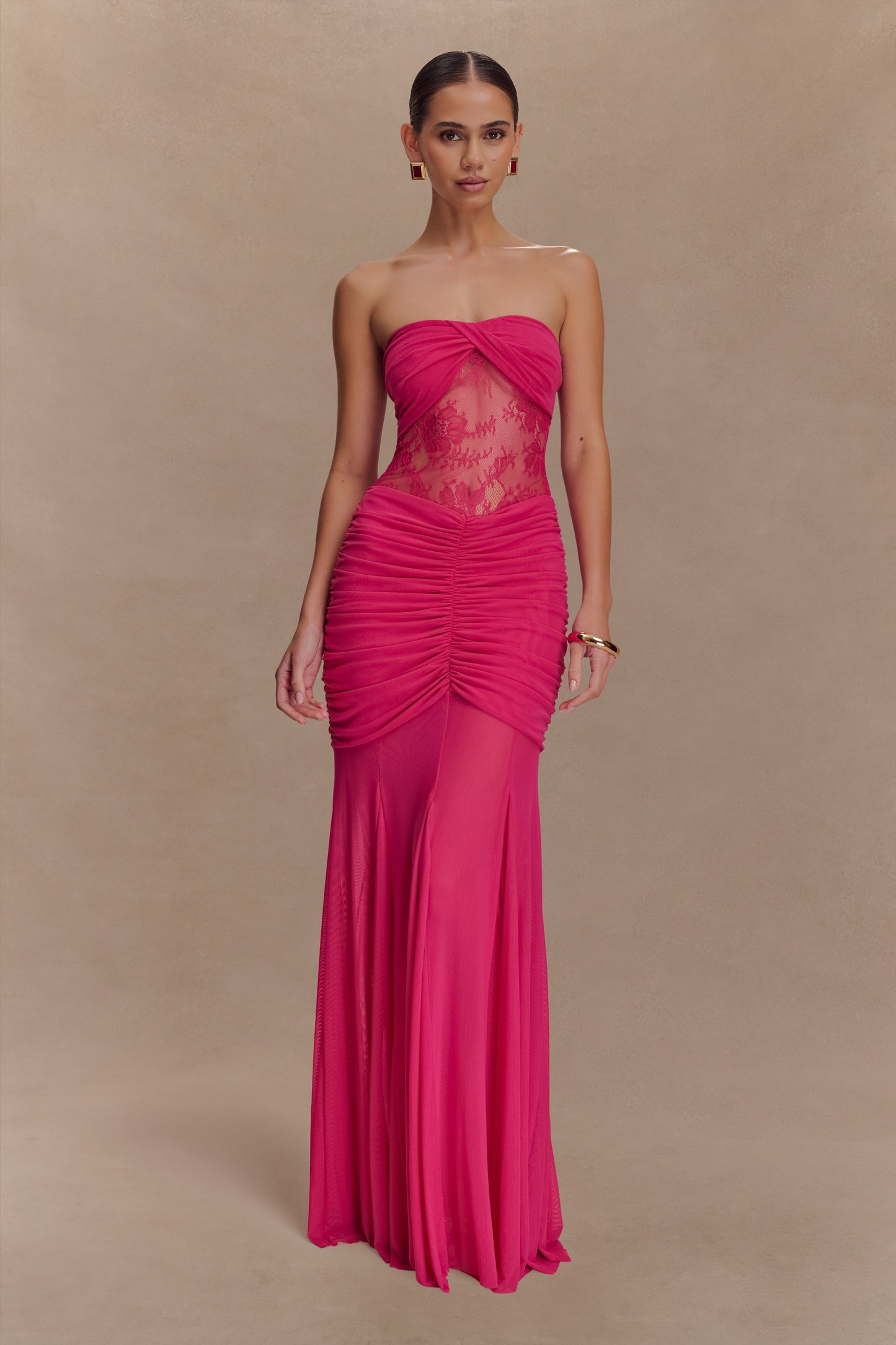 Khadijah Lace And Mesh Maxi Dress - Dragonfruit