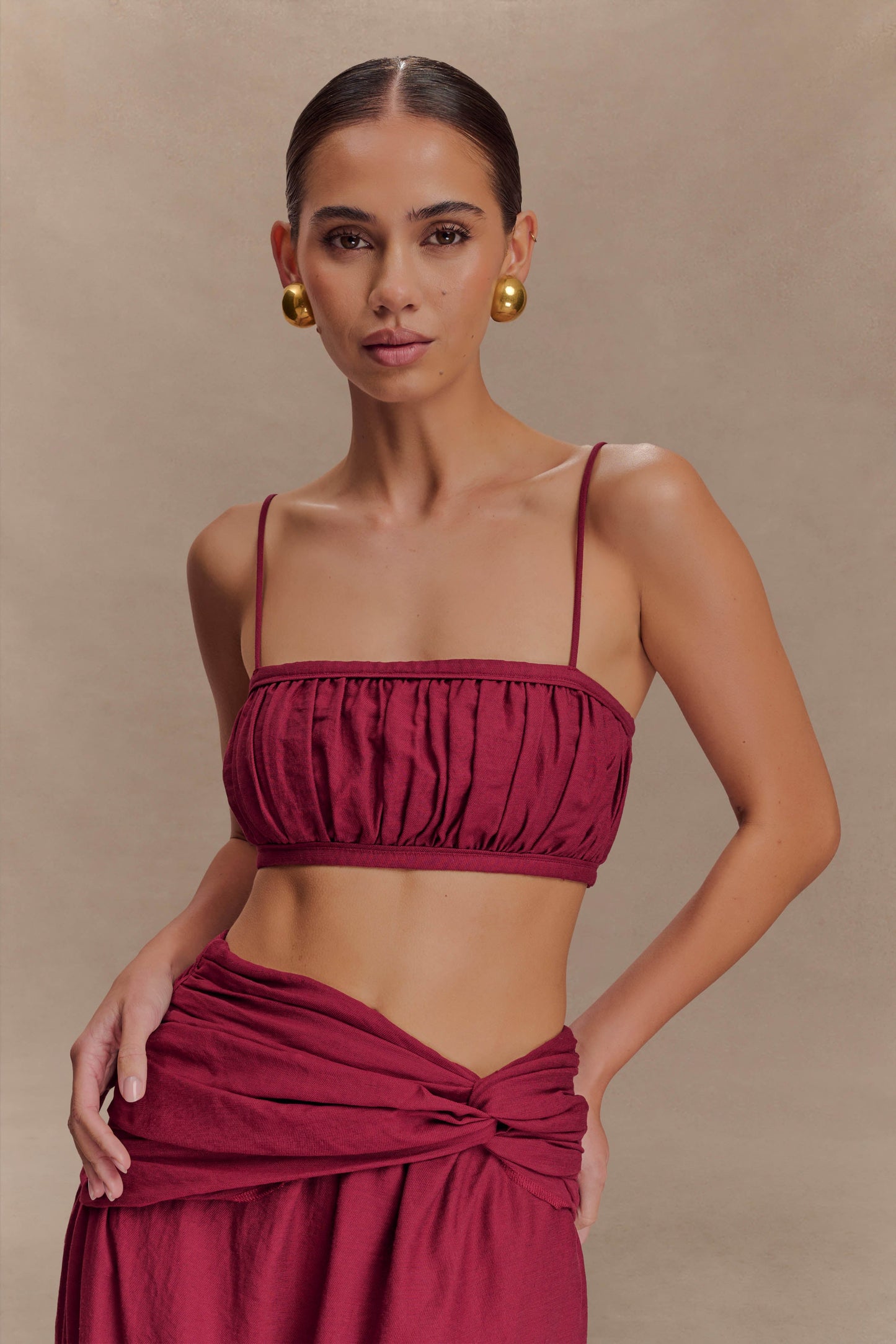 Scottie Shirred Linen Bandeau - Wine