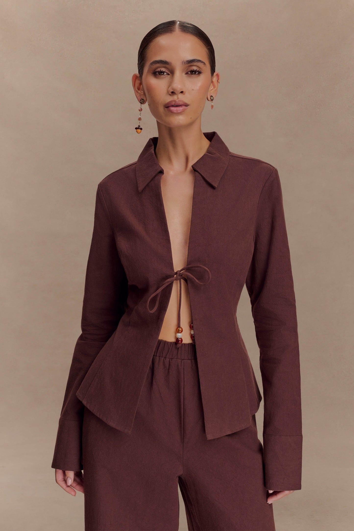 Annalee Cotton Beaded Tie Shirt - Dark Espresso