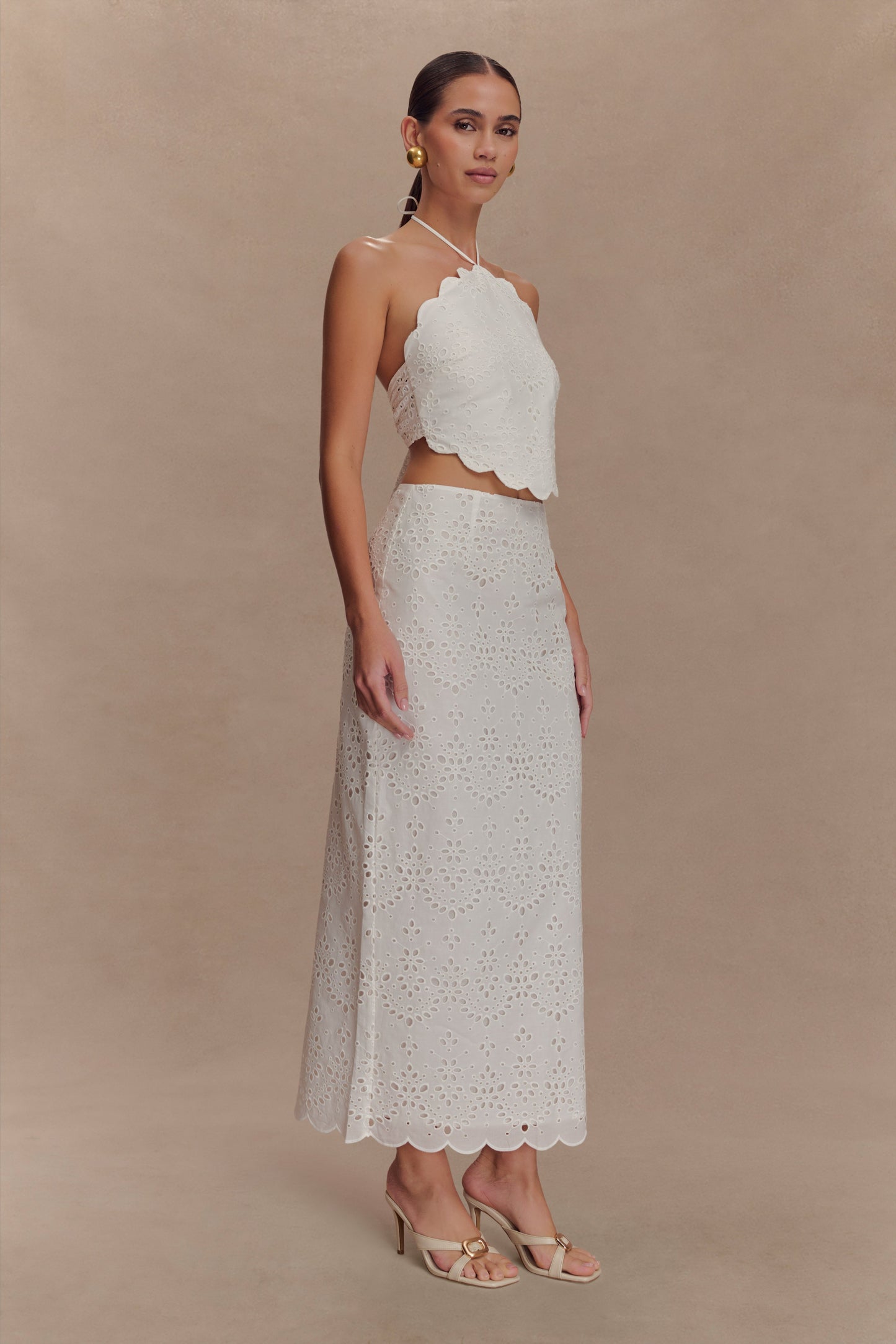Kensley Broderie Halter Top - White