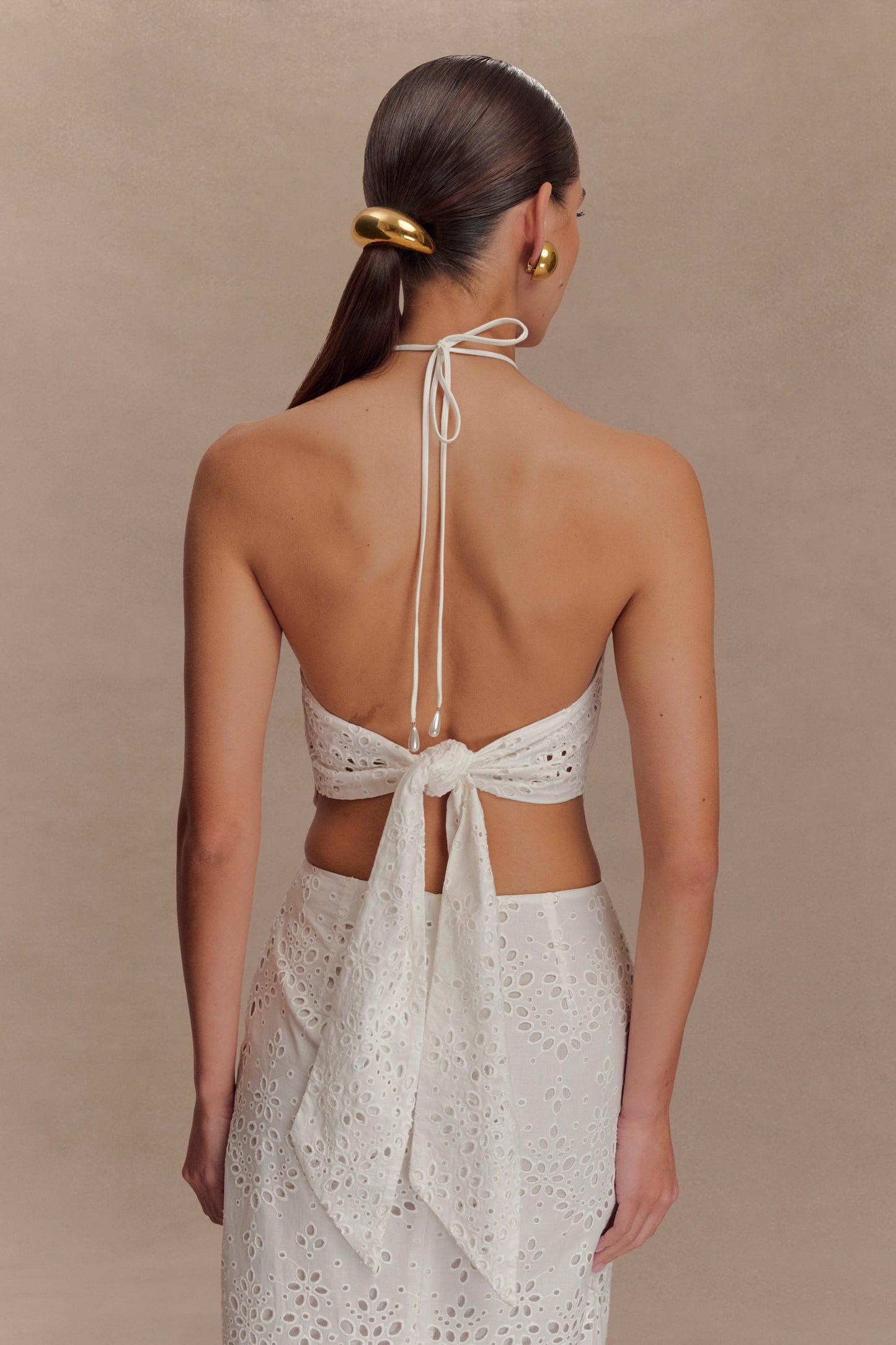 Kensley Broderie Halter Top - White