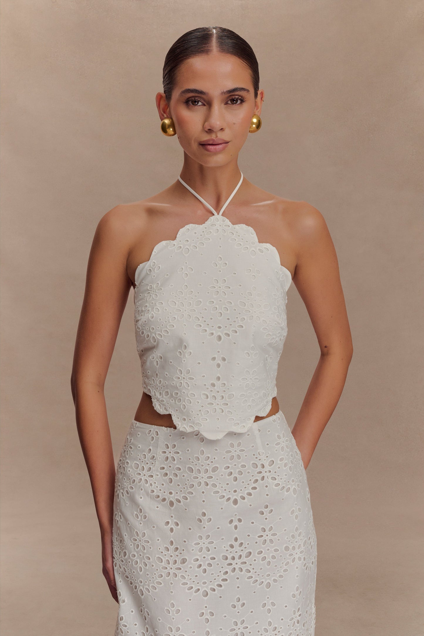 Kensley Broderie Halter Top - White