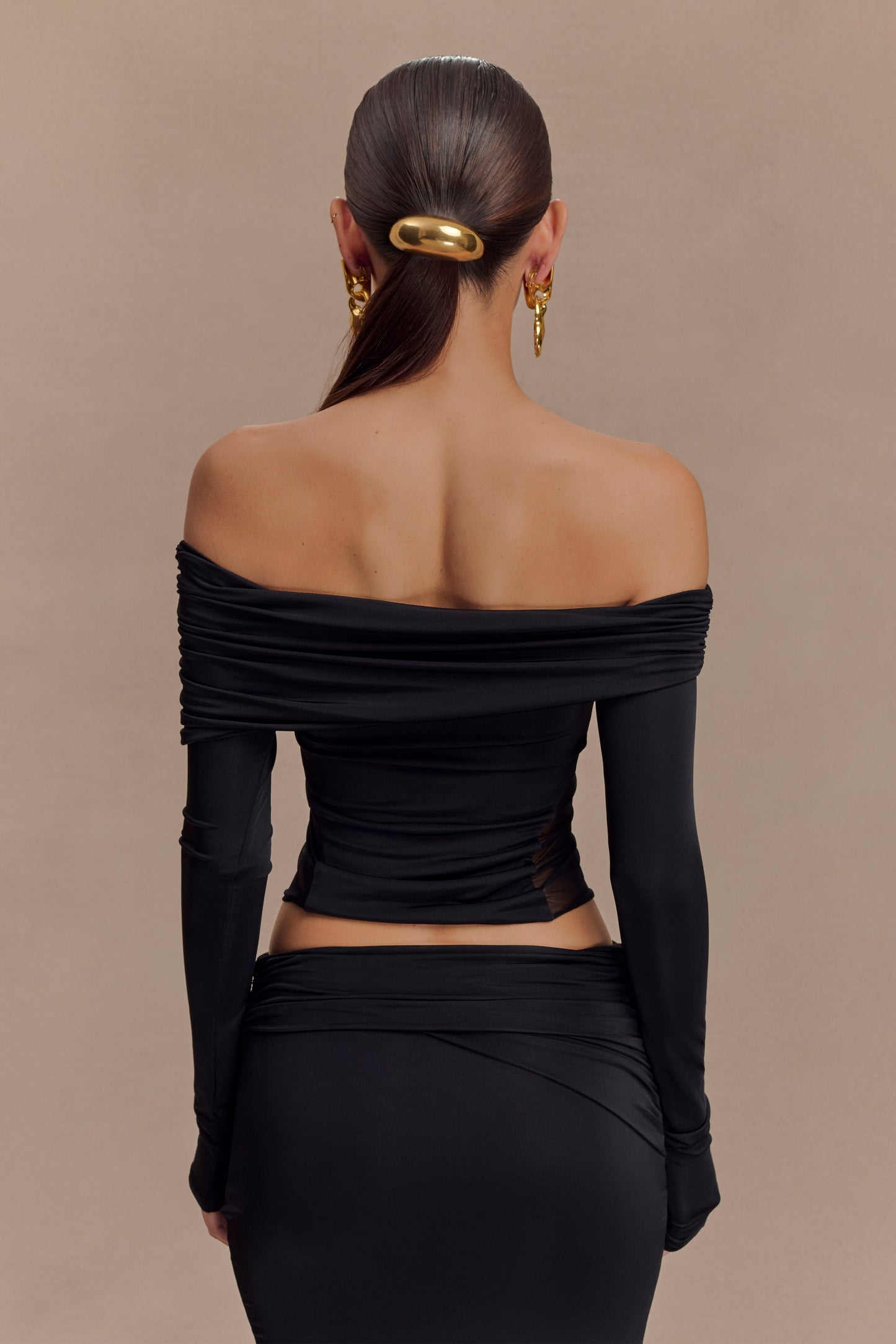 Judy Slinky And Mesh Off Shoulder Top - Black