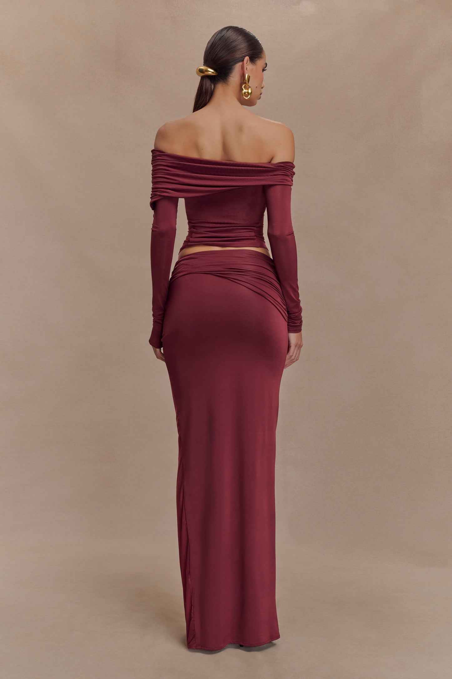 Judy Slinky And Mesh Off Shoulder Top - Wine