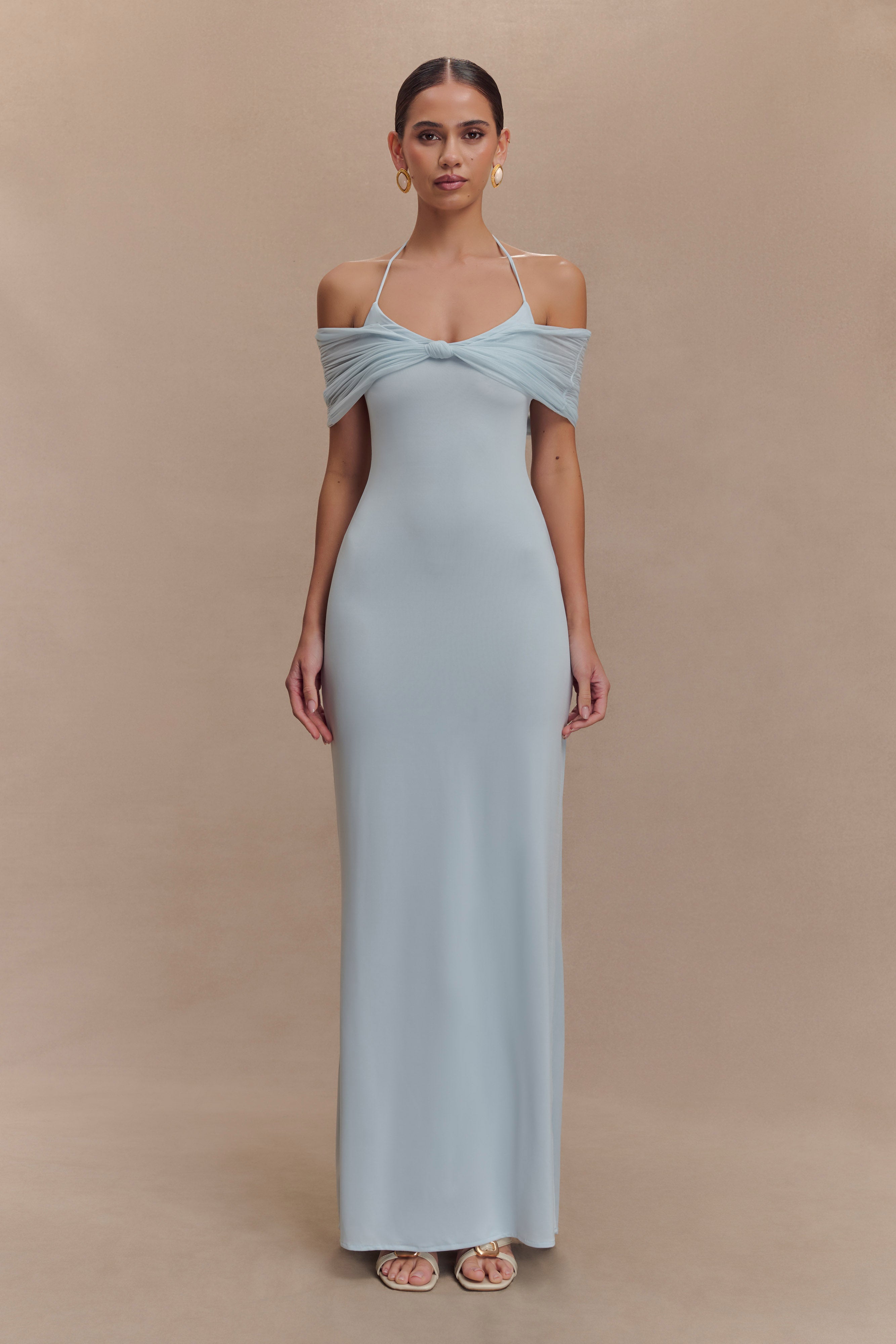 Bernadina Mesh And Slinky Halter Maxi Dress / Pale Blue | MESHKI