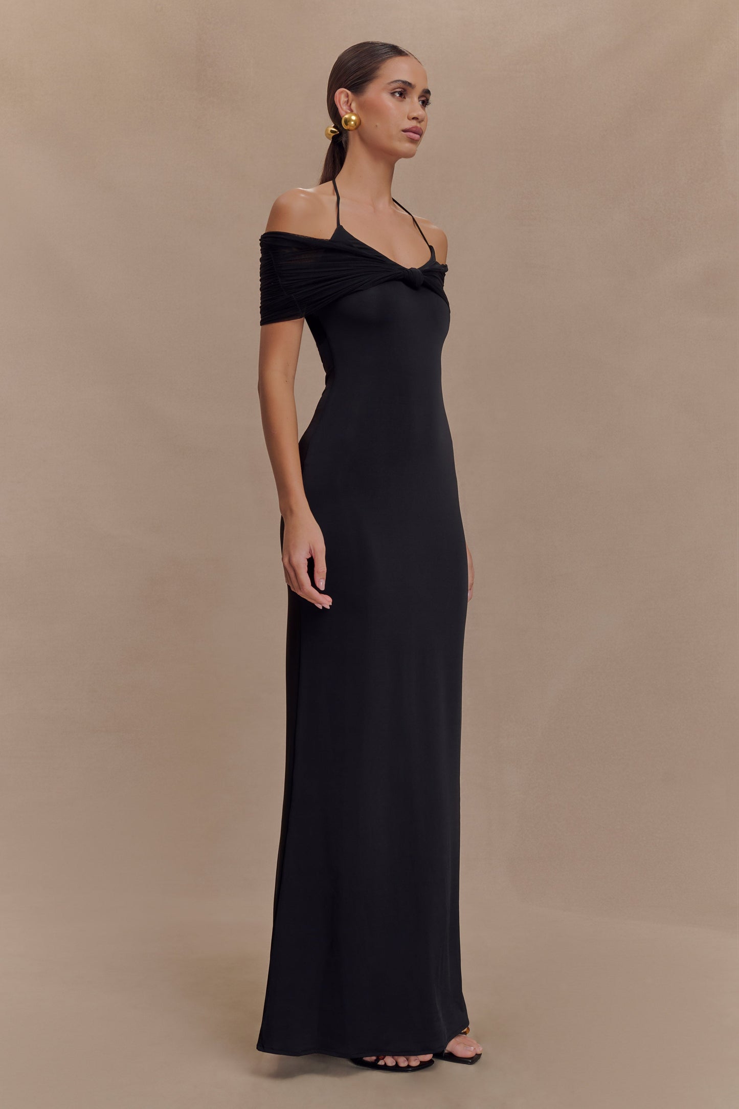 Bernadina Mesh And Slinky Halter Maxi Dress - Black