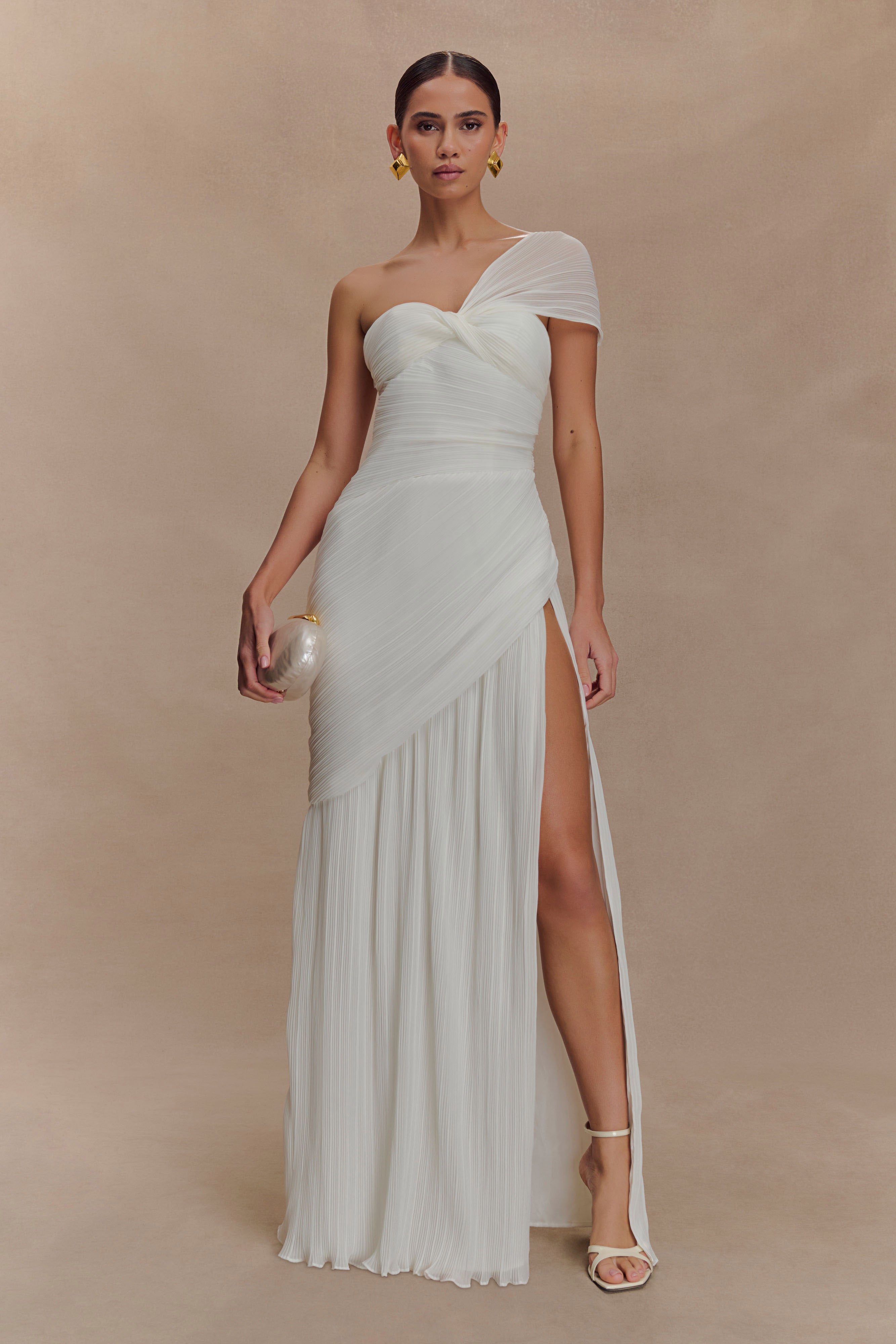 Tamara Shirred Chiffon Midi Dress / White | MESHKI