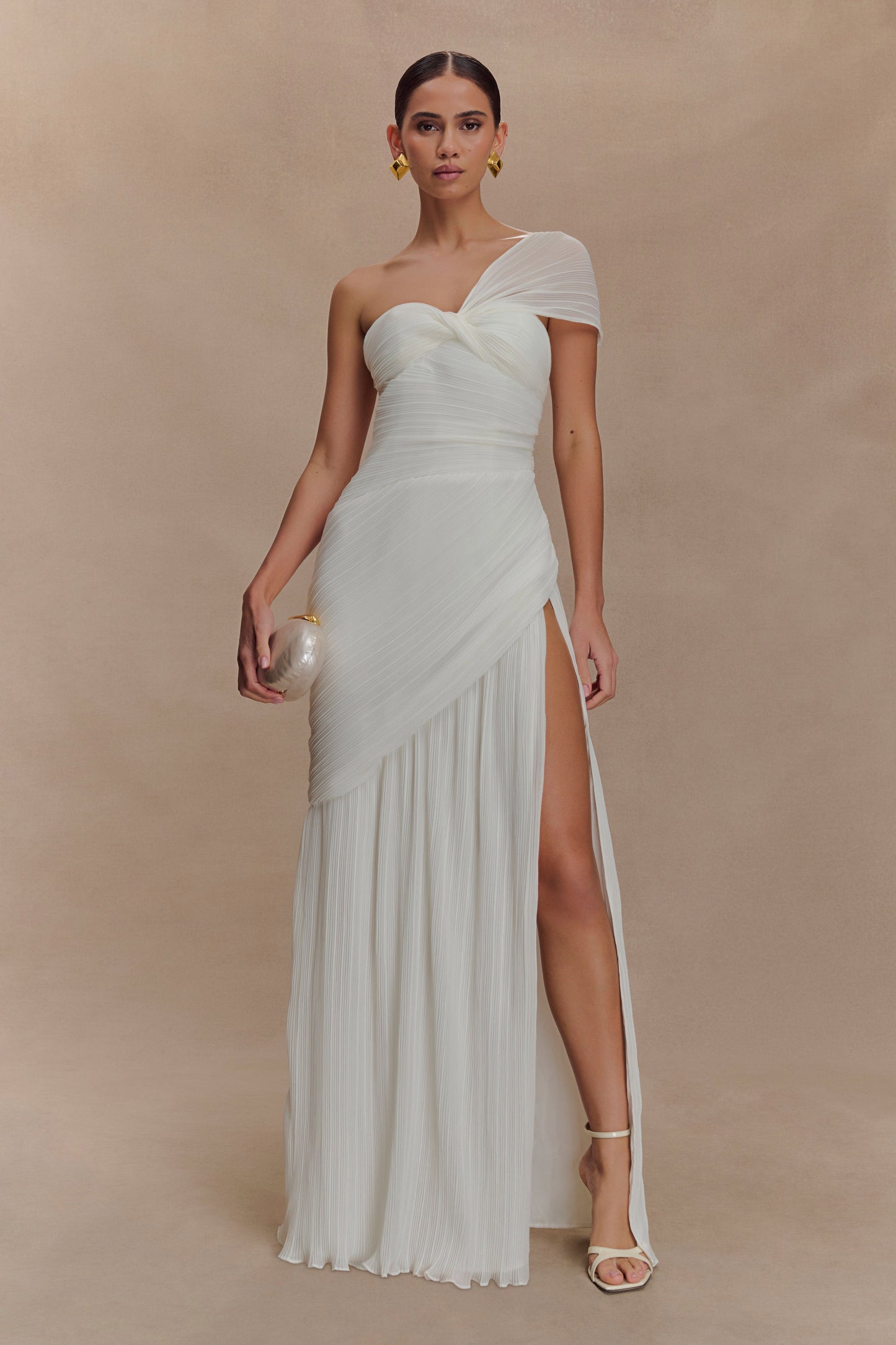 Tamara Shirred Chiffon Midi Dress - White