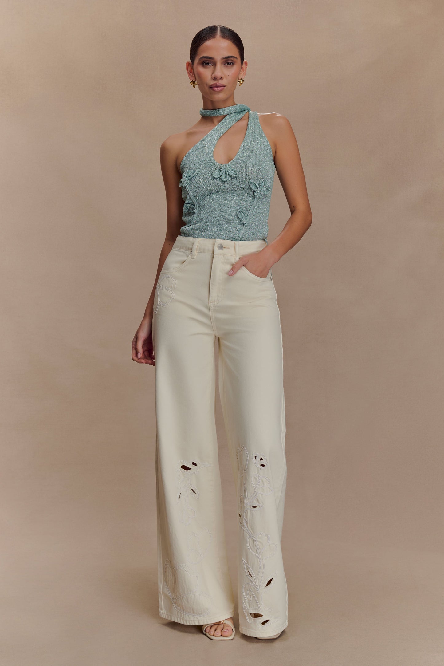 Leone One Shoulder Metallic Knit Top - Aqua