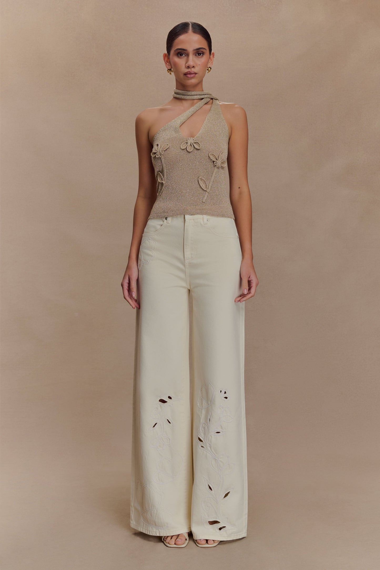 Leone One Shoulder Metallic Knit Top - Gold