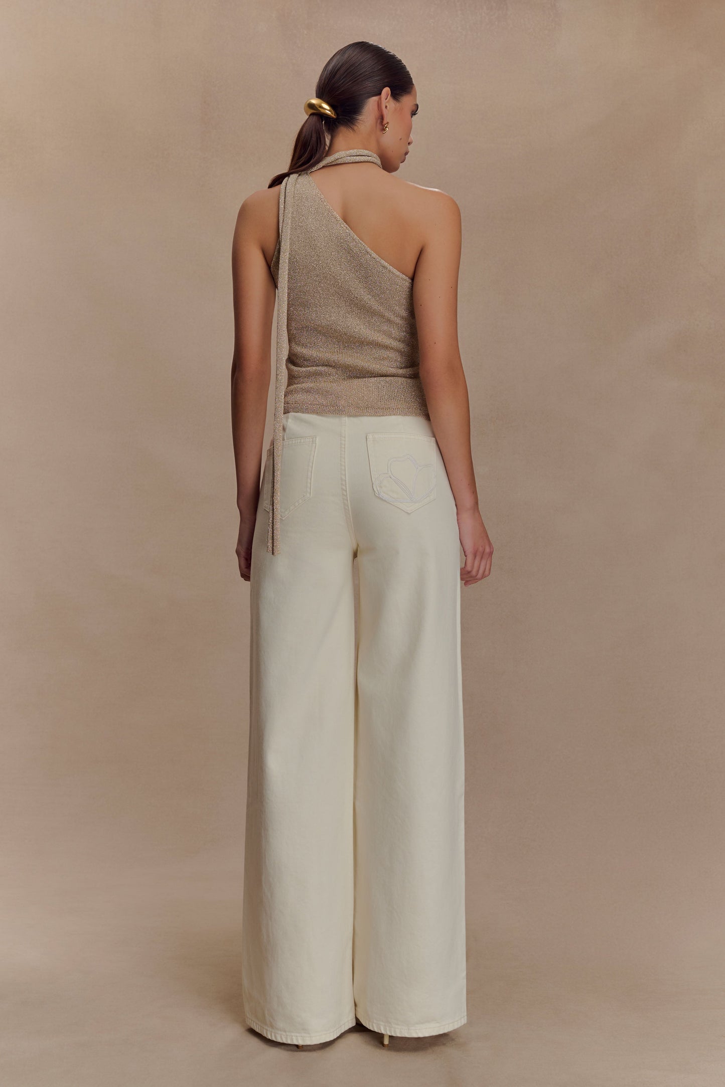 Leone One Shoulder Metallic Knit Top - Gold