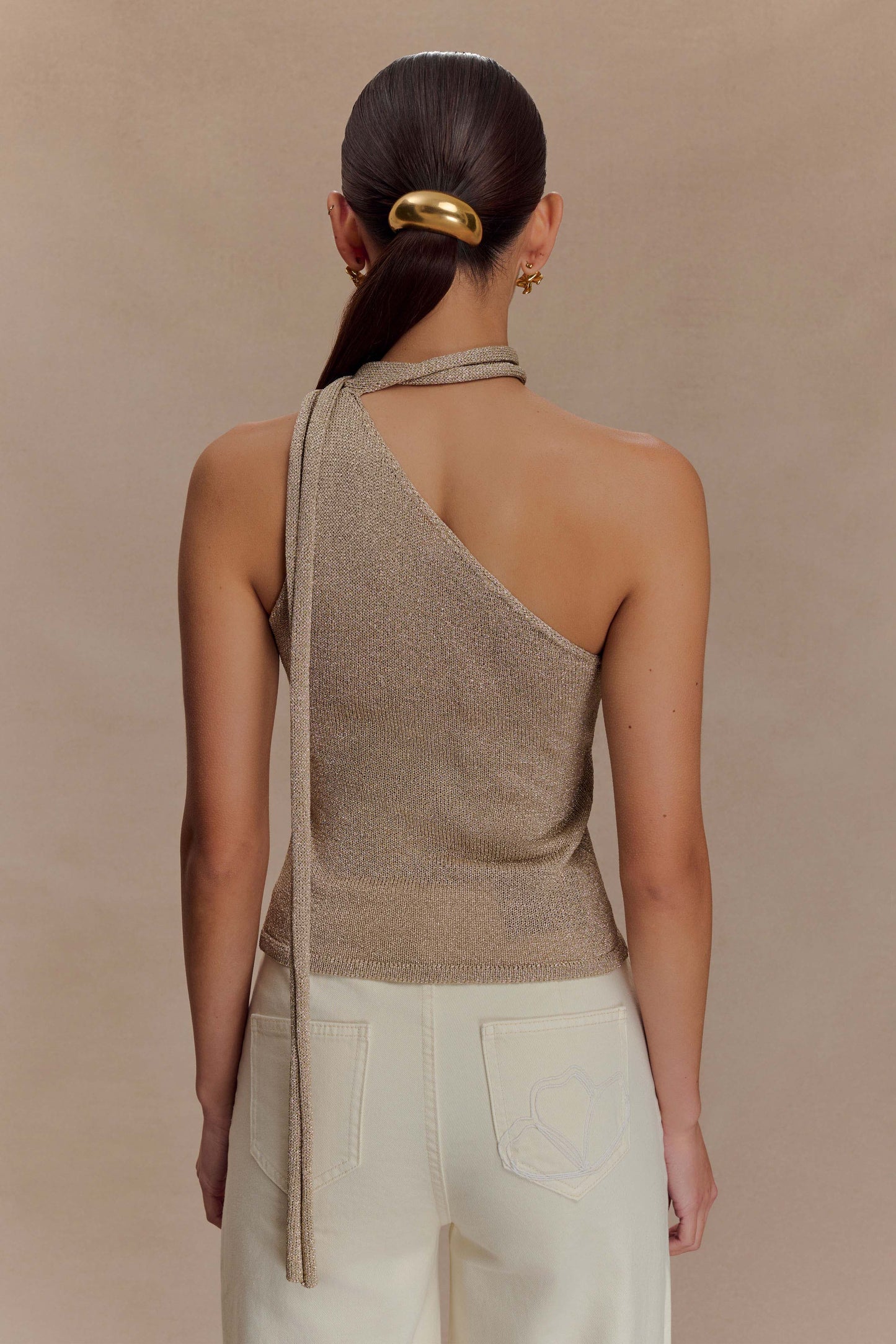 Leone One Shoulder Metallic Knit Top - Gold