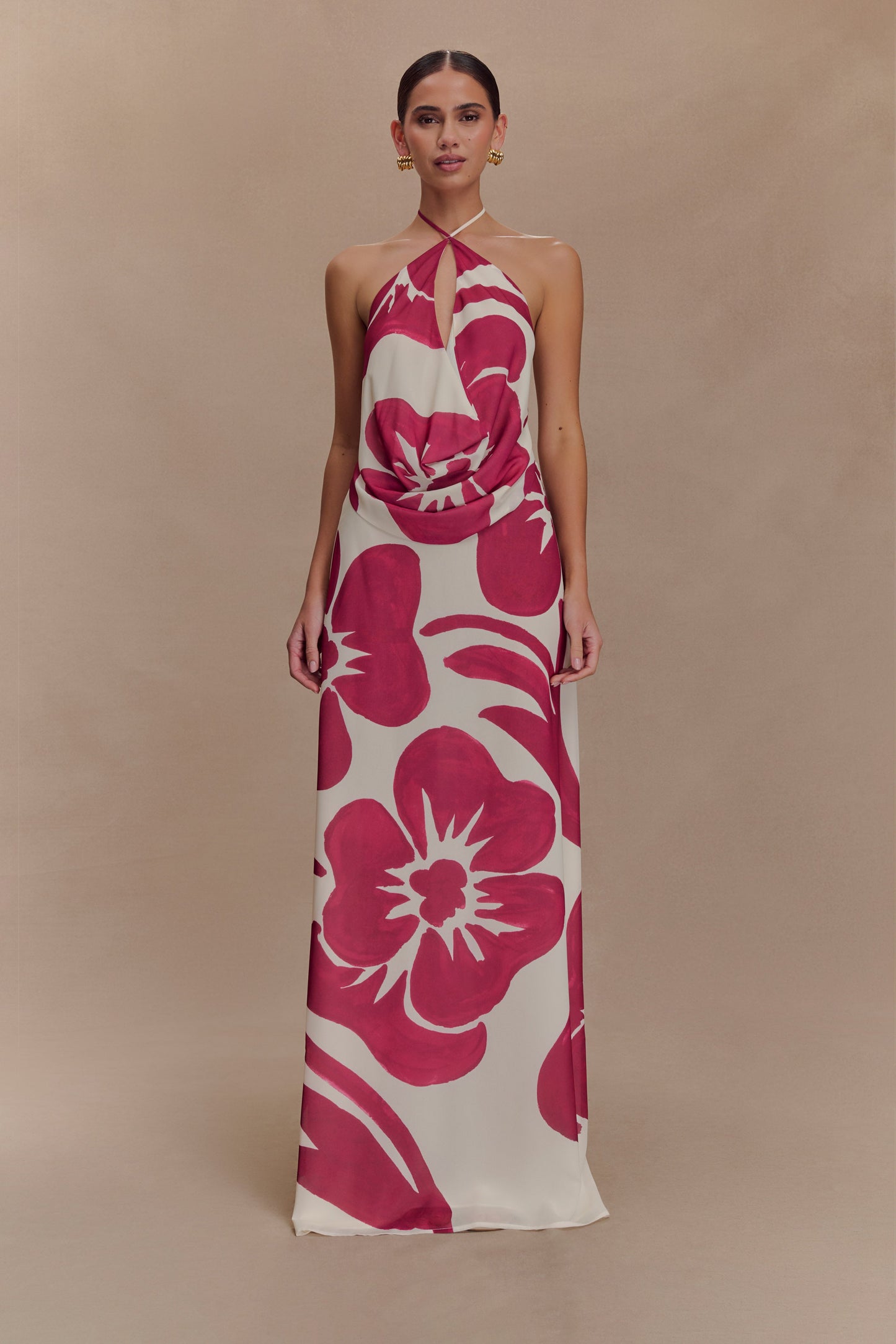 Katalina Chiffon Cowl Halter Top - Red Deco Fleur Print