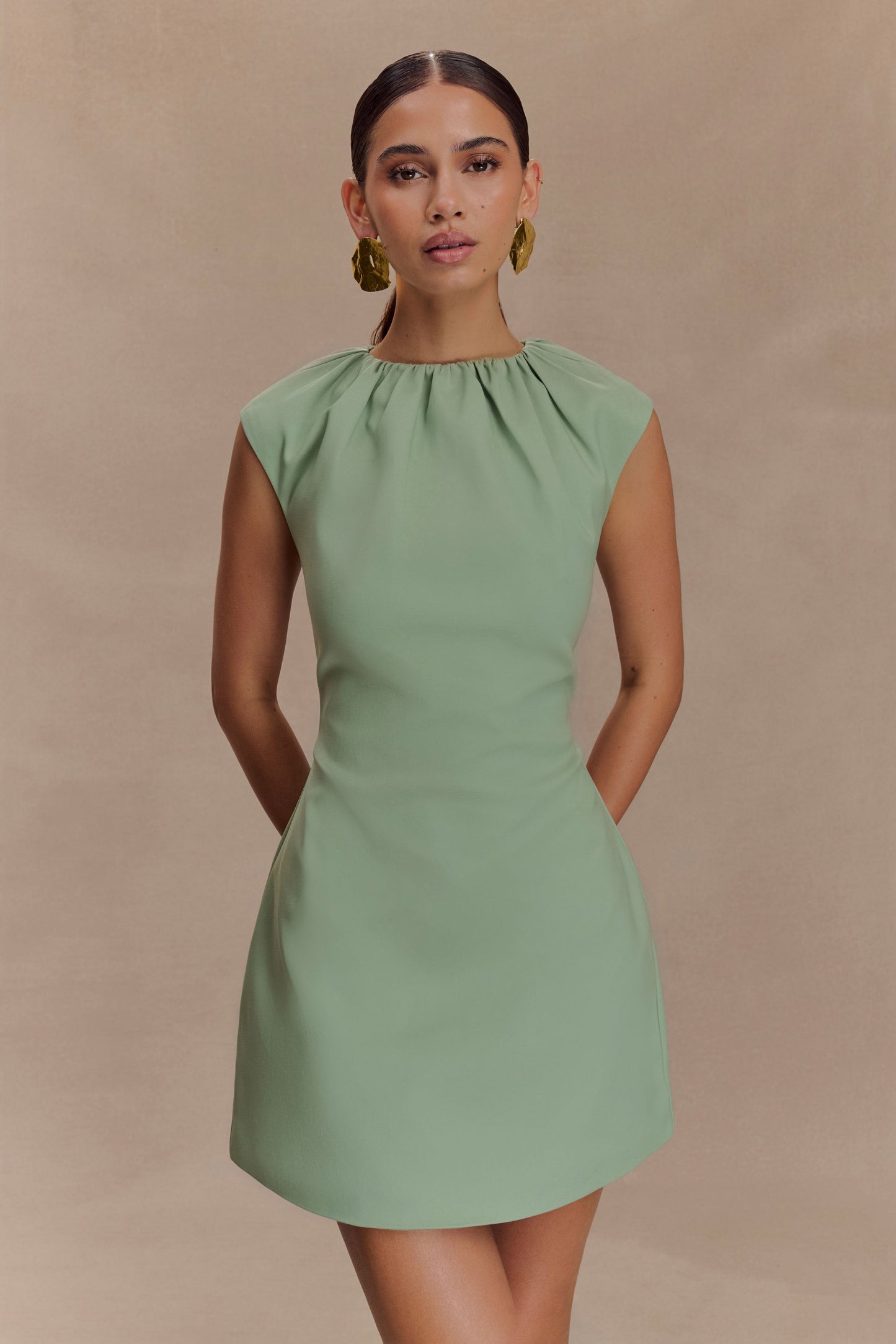 Ariana Pleated Neck Mini Dress - Sage