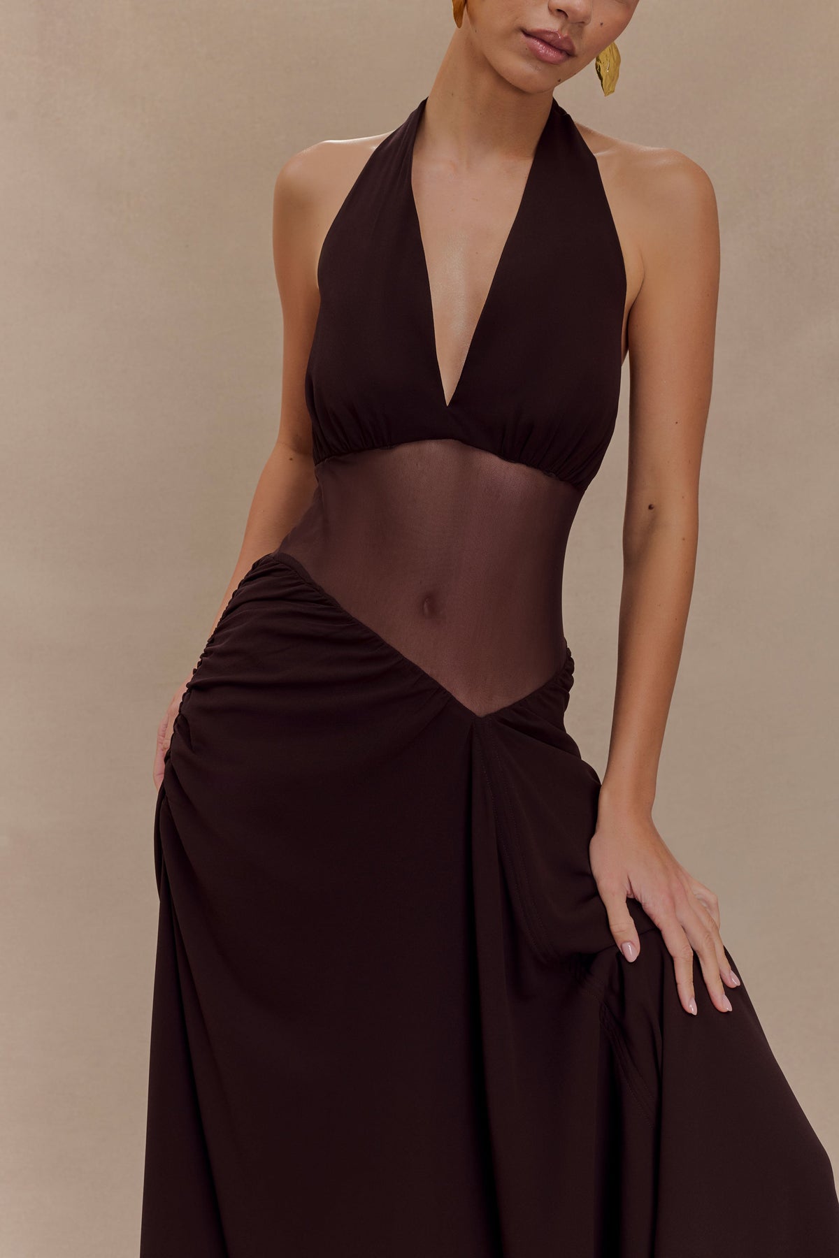 Jonna Chiffon And Mesh Maxi Dress - Dark Chocolate