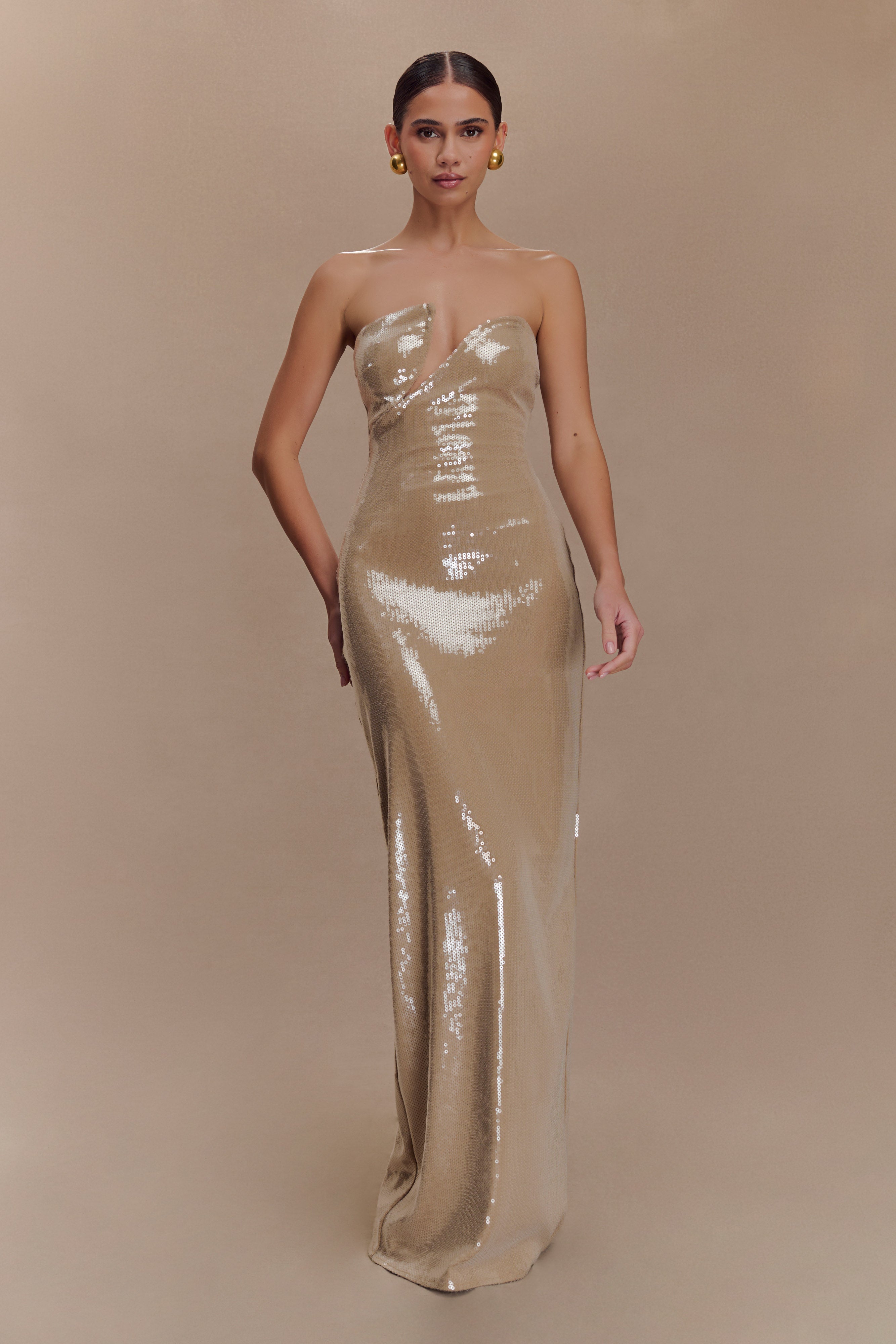 blue dress for baby girl Winston Strapless Sequin Maxi Dress / Taupe | Meshki