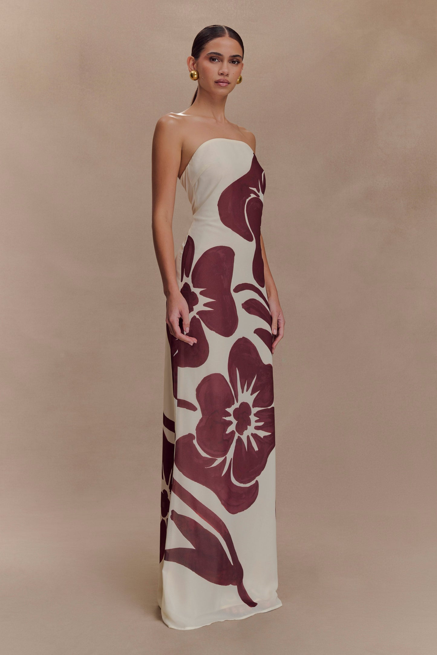 Amaya Strapless Chiffon Maxi Dress - Brown Deco Fleur Print