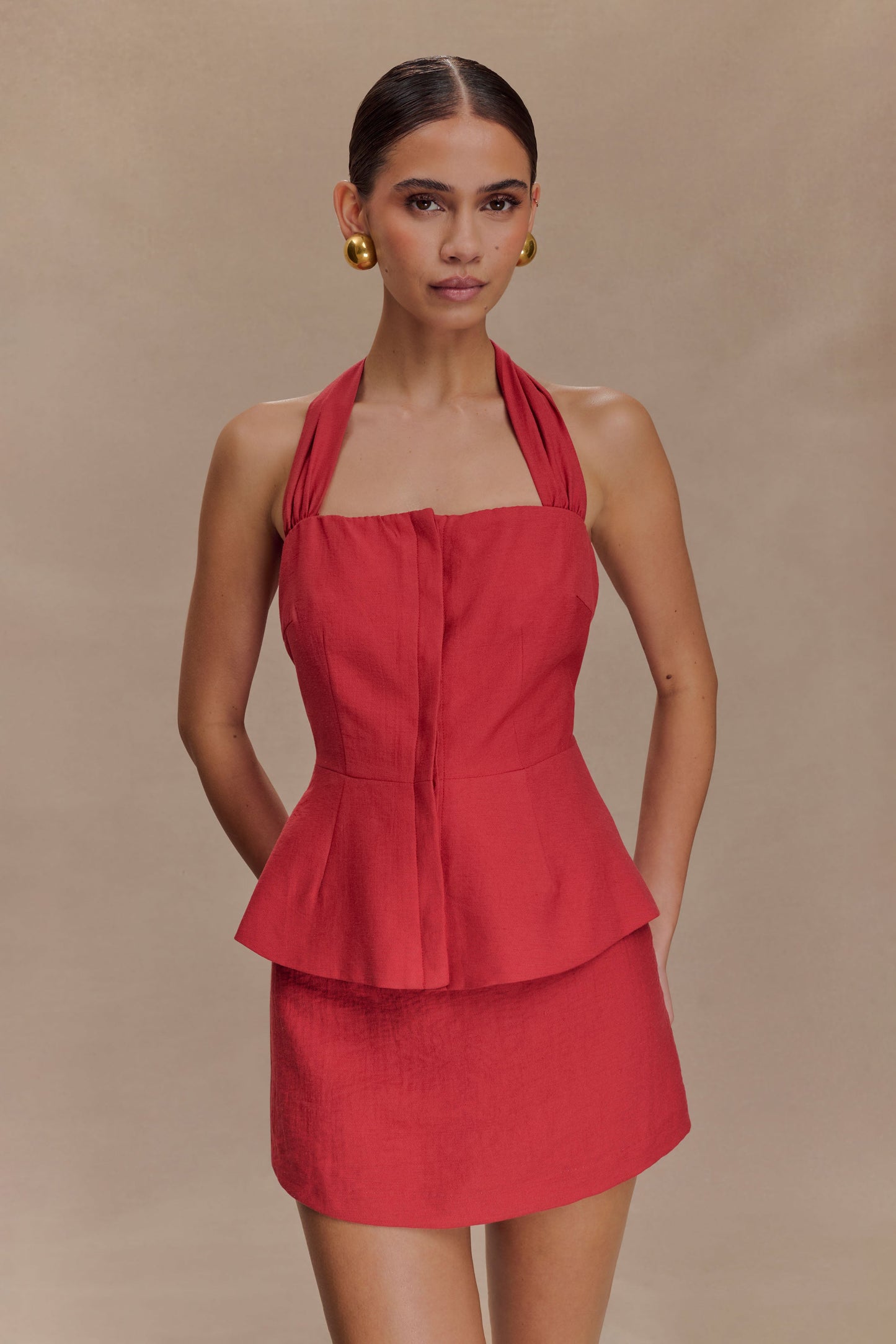 Kallie Linen Peplum Halter Top - Burnt Rose