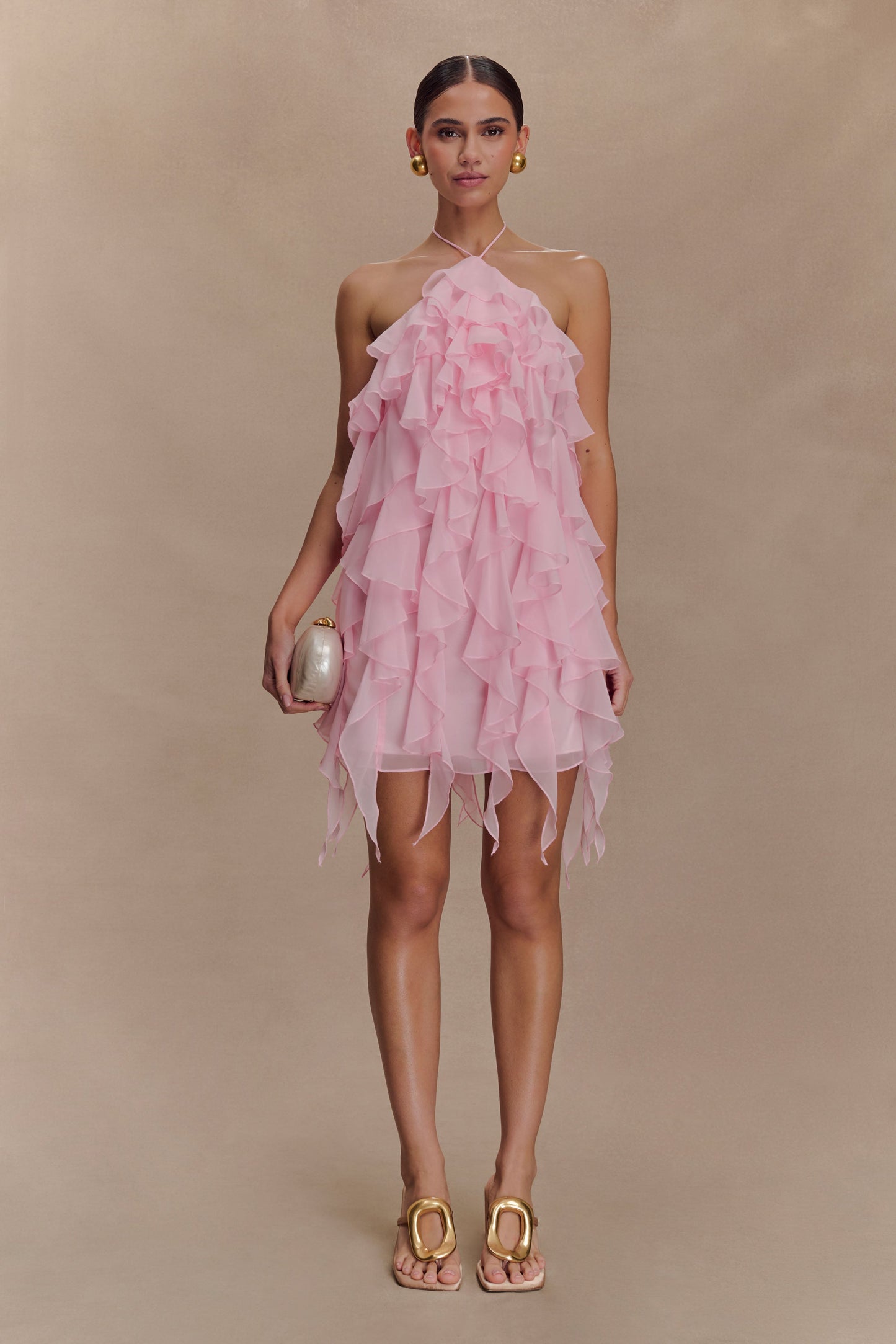 Marigold Ruffle Halter Mini Dress - Powder Pink