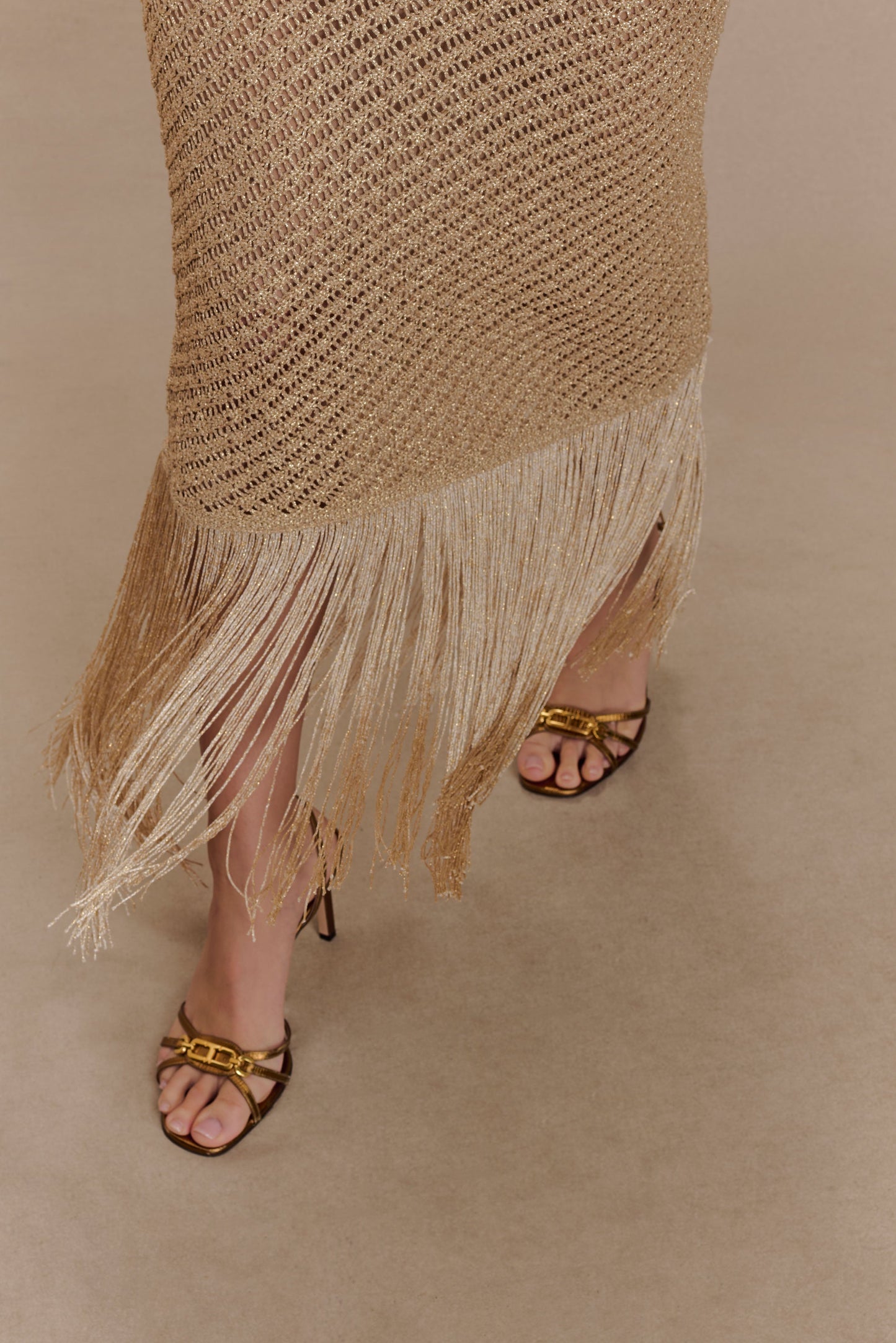 Raelynn Metallic Knit Fringe Midi Dress - Gold
