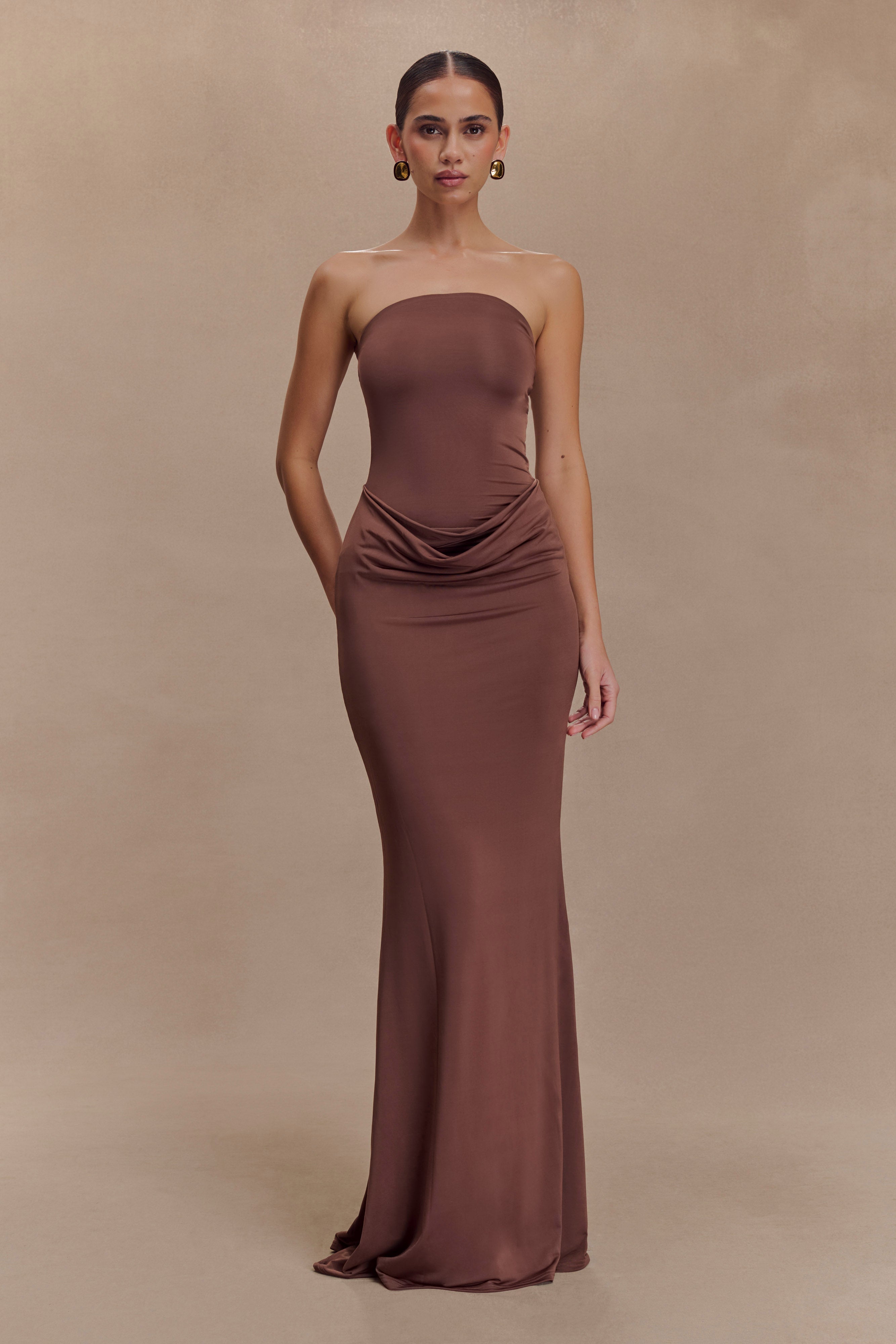 Madison Strapless Slinky Maxi Dress / Chocolate | Meshki | S Madison Strapless Slinky Maxi Dress / Chocolate | Meshki | S