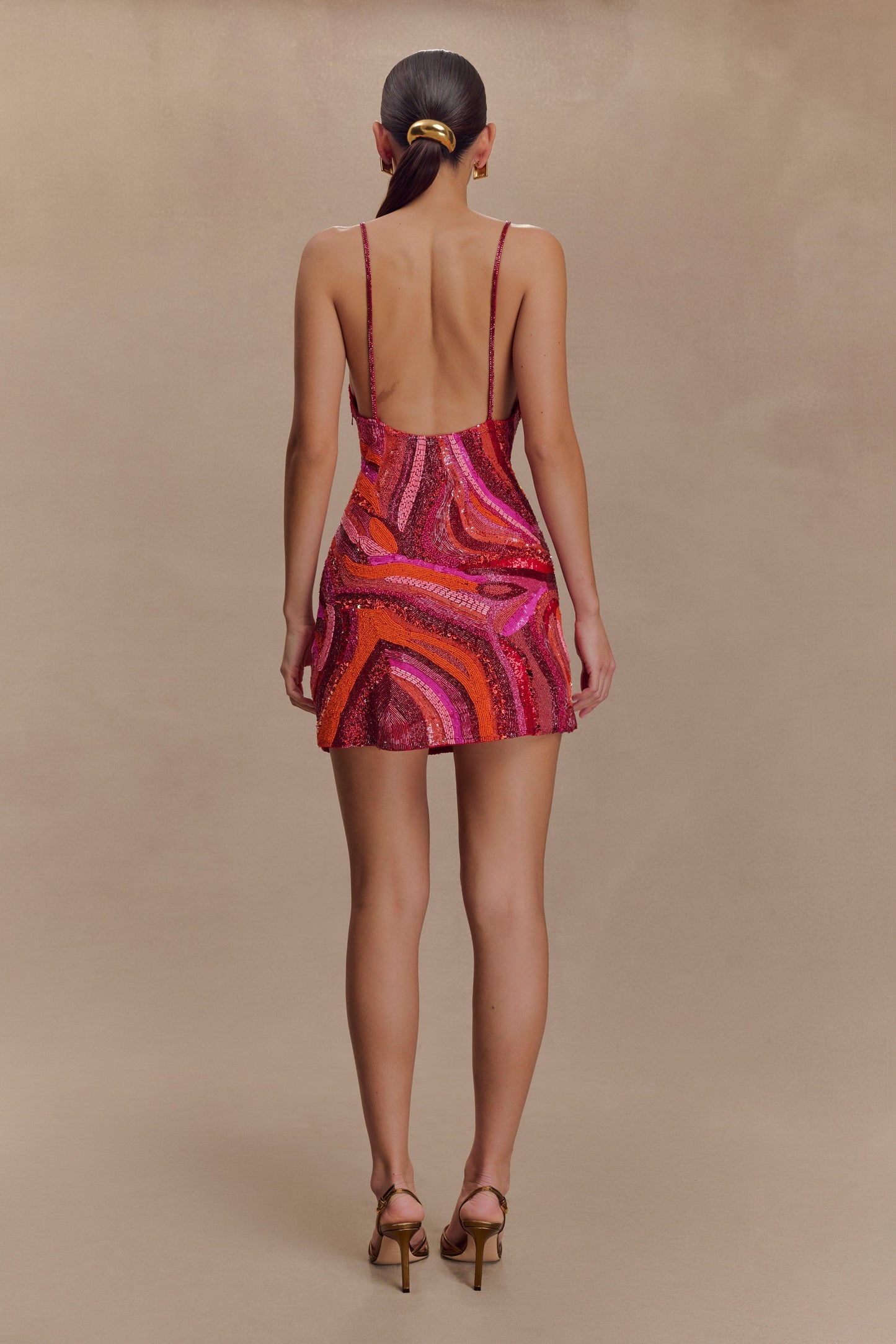 Eloise Hand Beaded Mini Dress - Pink Swirl Print