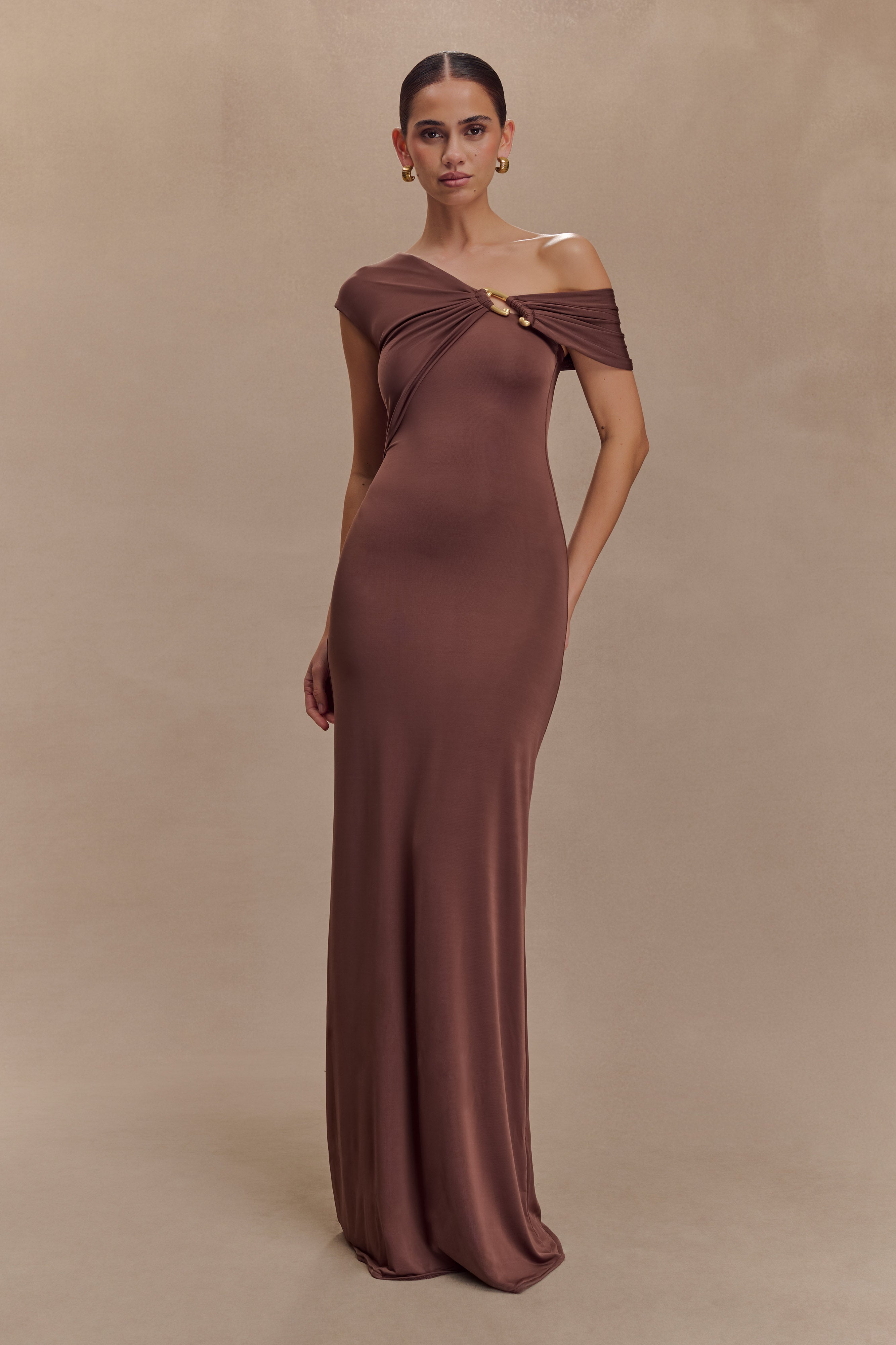 Ashford Asymmetrical Slinky Maxi Dress - Chocolate | MESHKI US