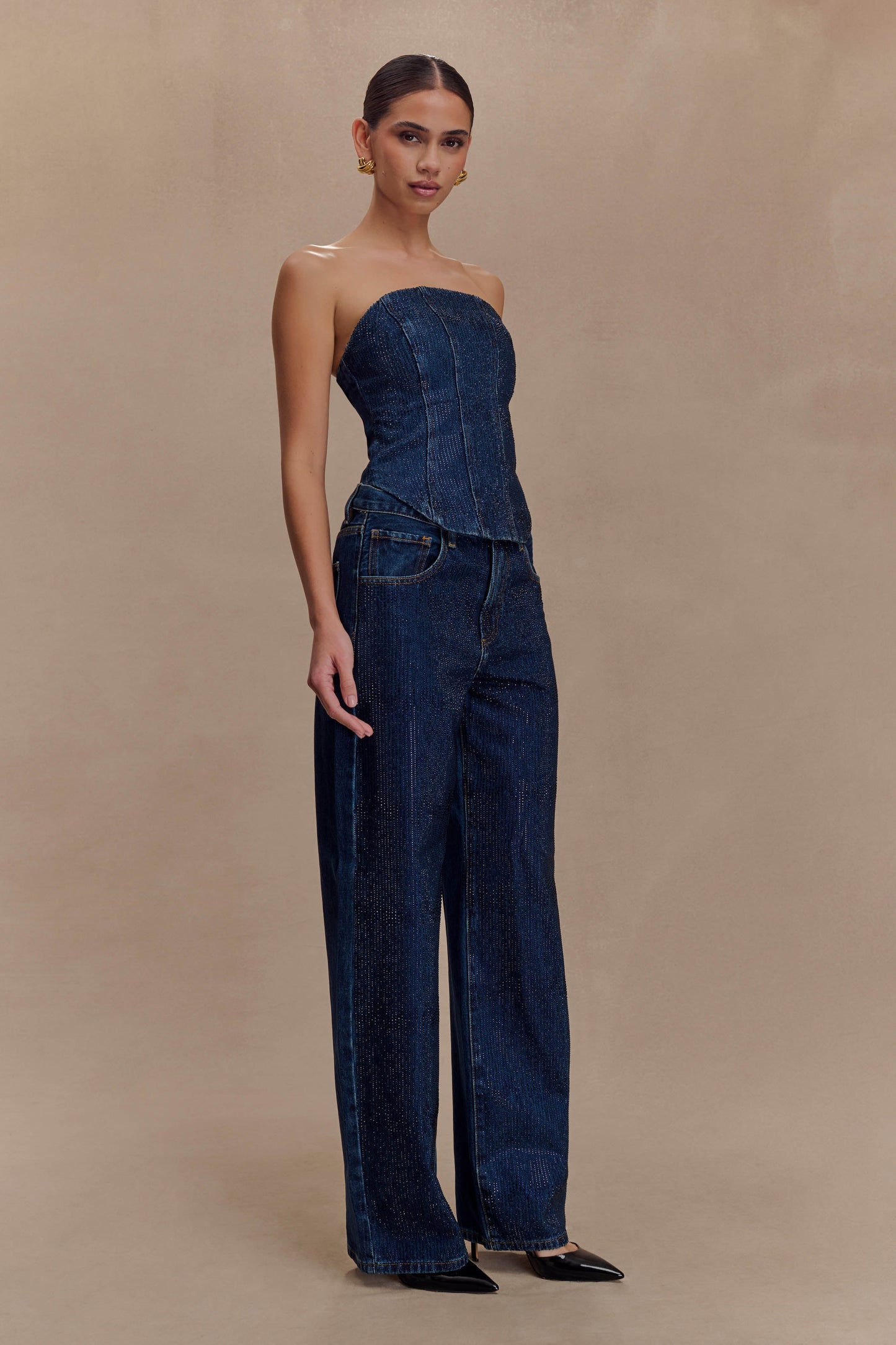 Laina Mid Rise Diamante Denim Jeans - Midnight Blue