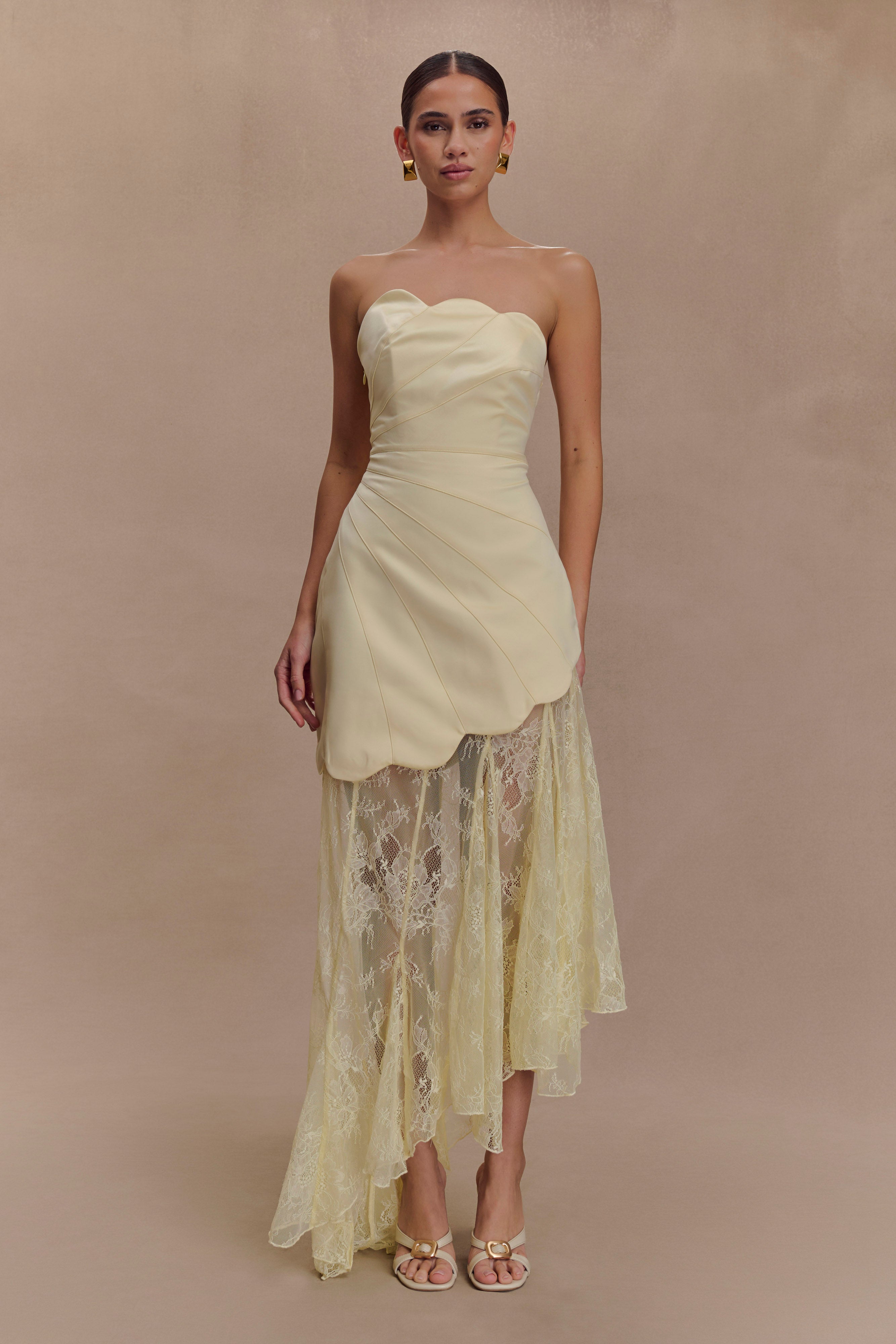 Aleena Satin And Lace Maxi Dress / Lemon | MESHKI