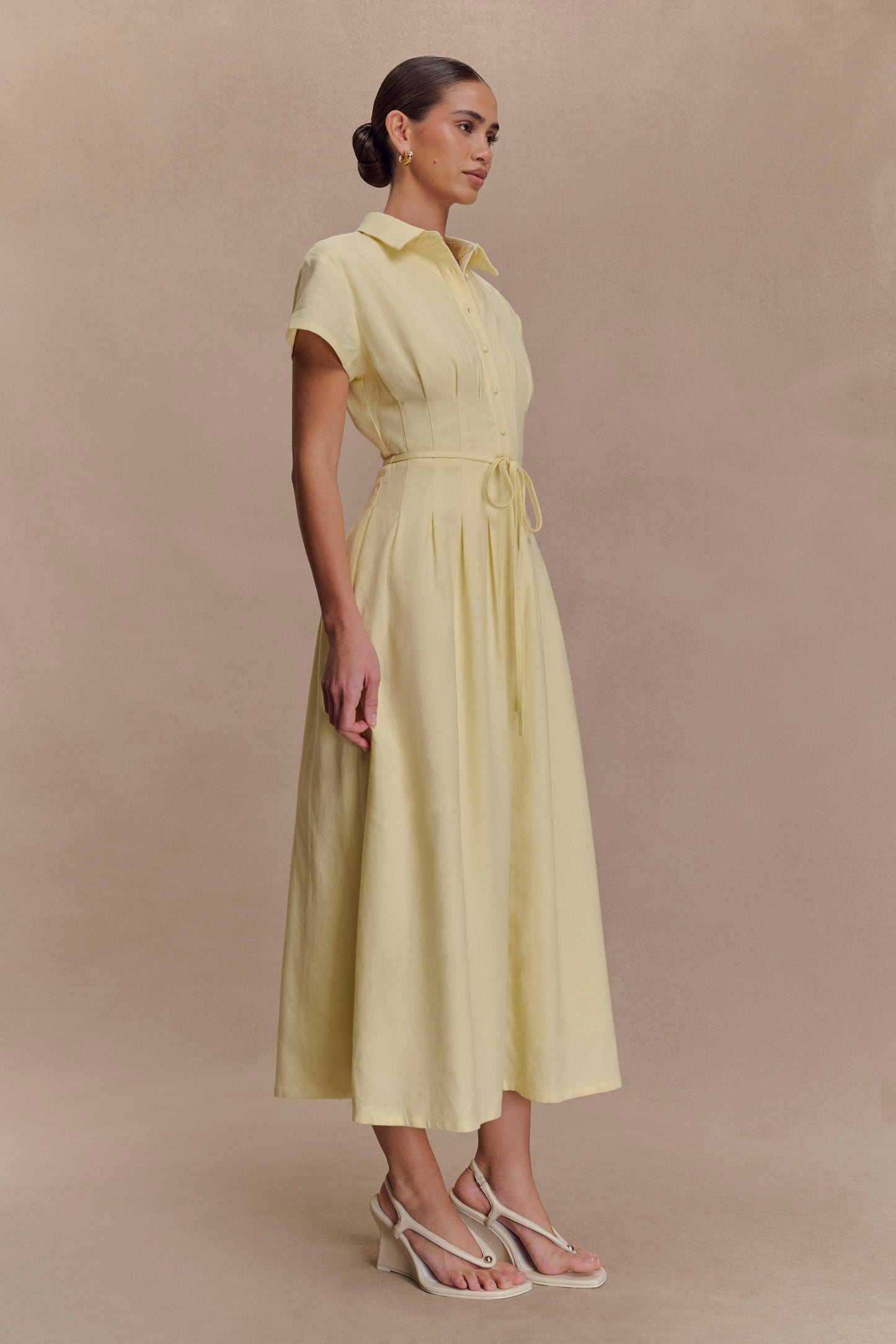 Aysha Buttoned Linen Midi Dress - Lemon
