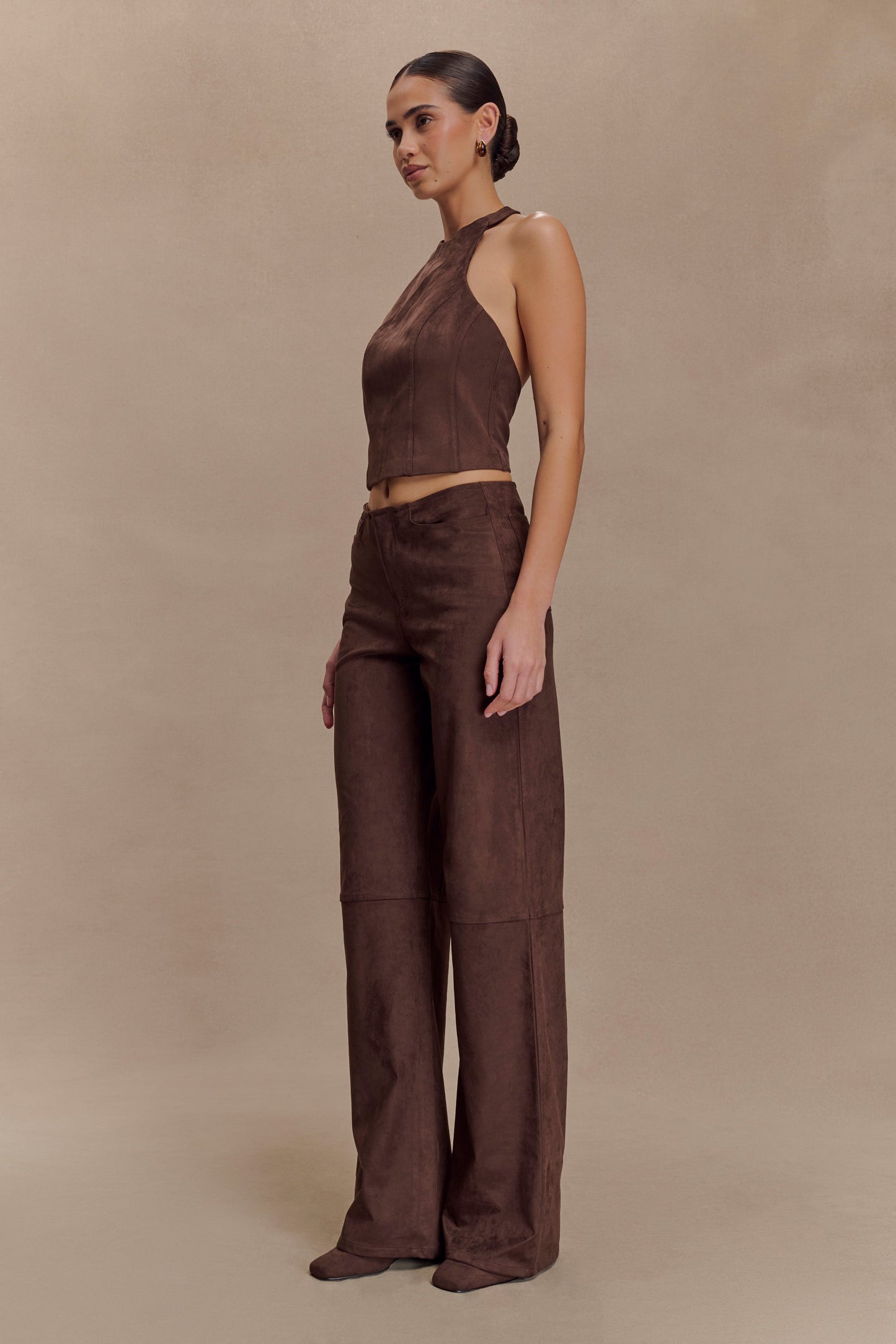 Logan Faux Suede Halter Top - Dark Chocolate