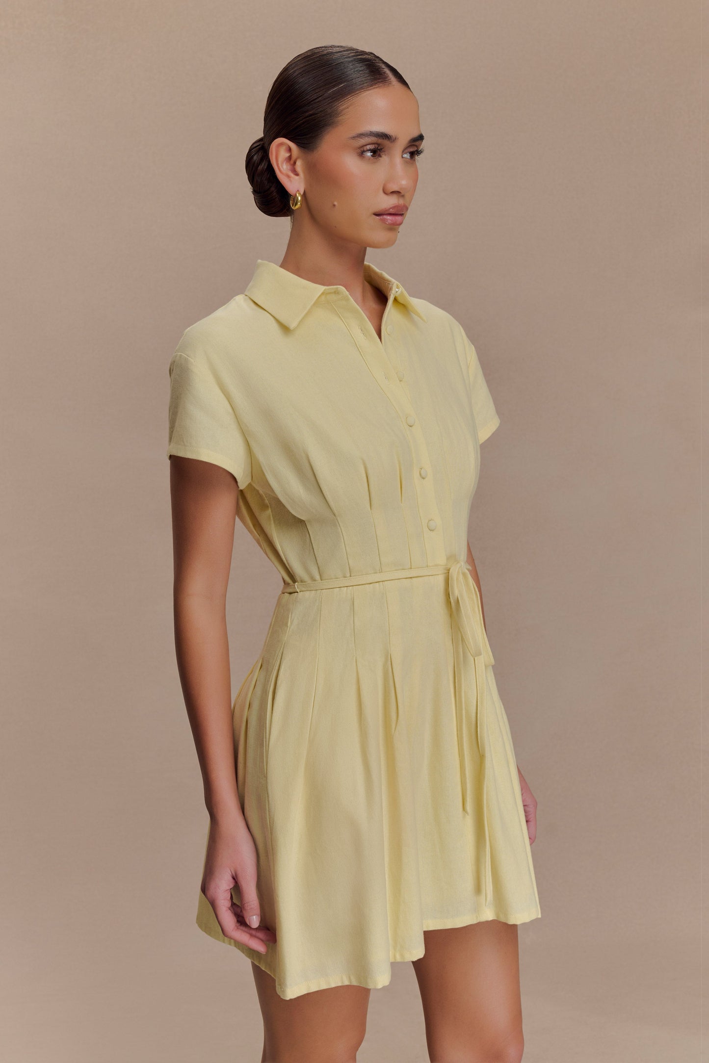 Aysha Buttoned Linen Mini Dress - Lemon