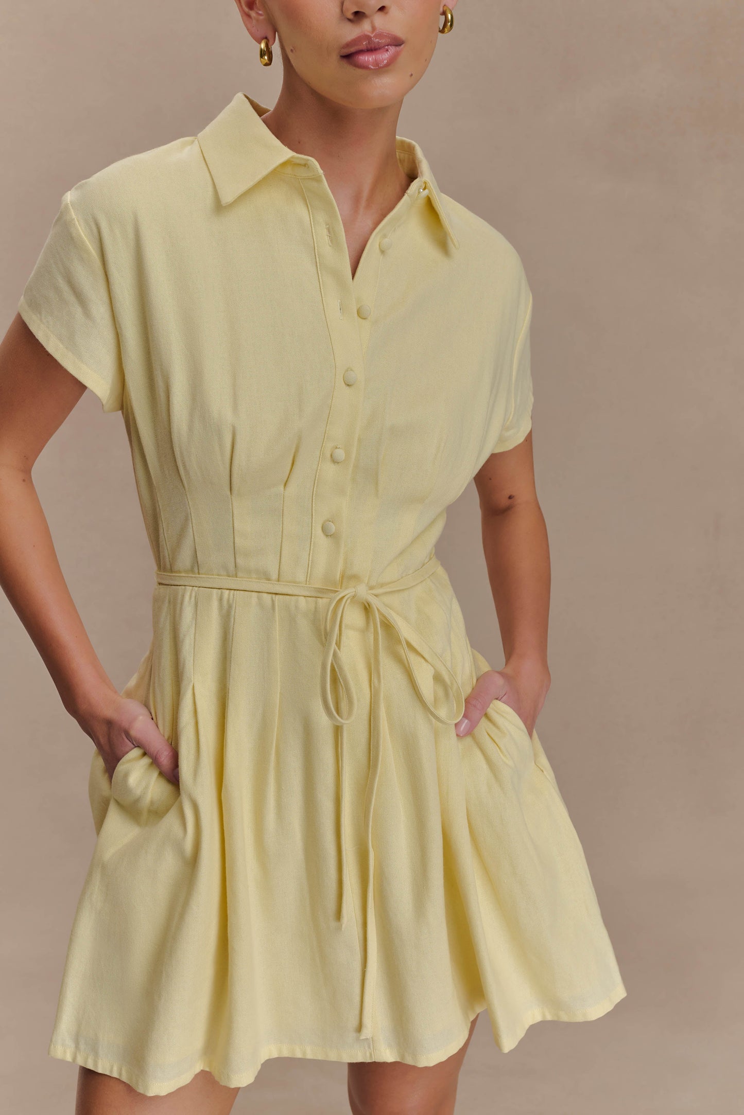 Aysha Buttoned Linen Mini Dress - Lemon