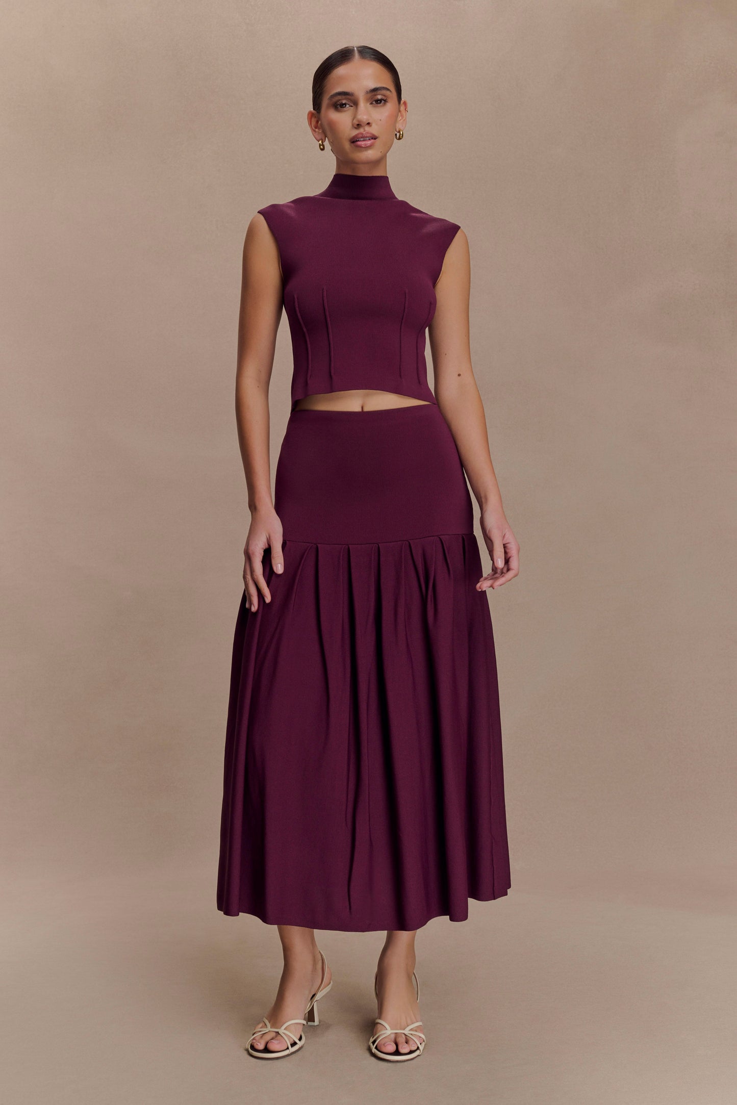 Romaine Bandage Knit Midi Skirt - Wine