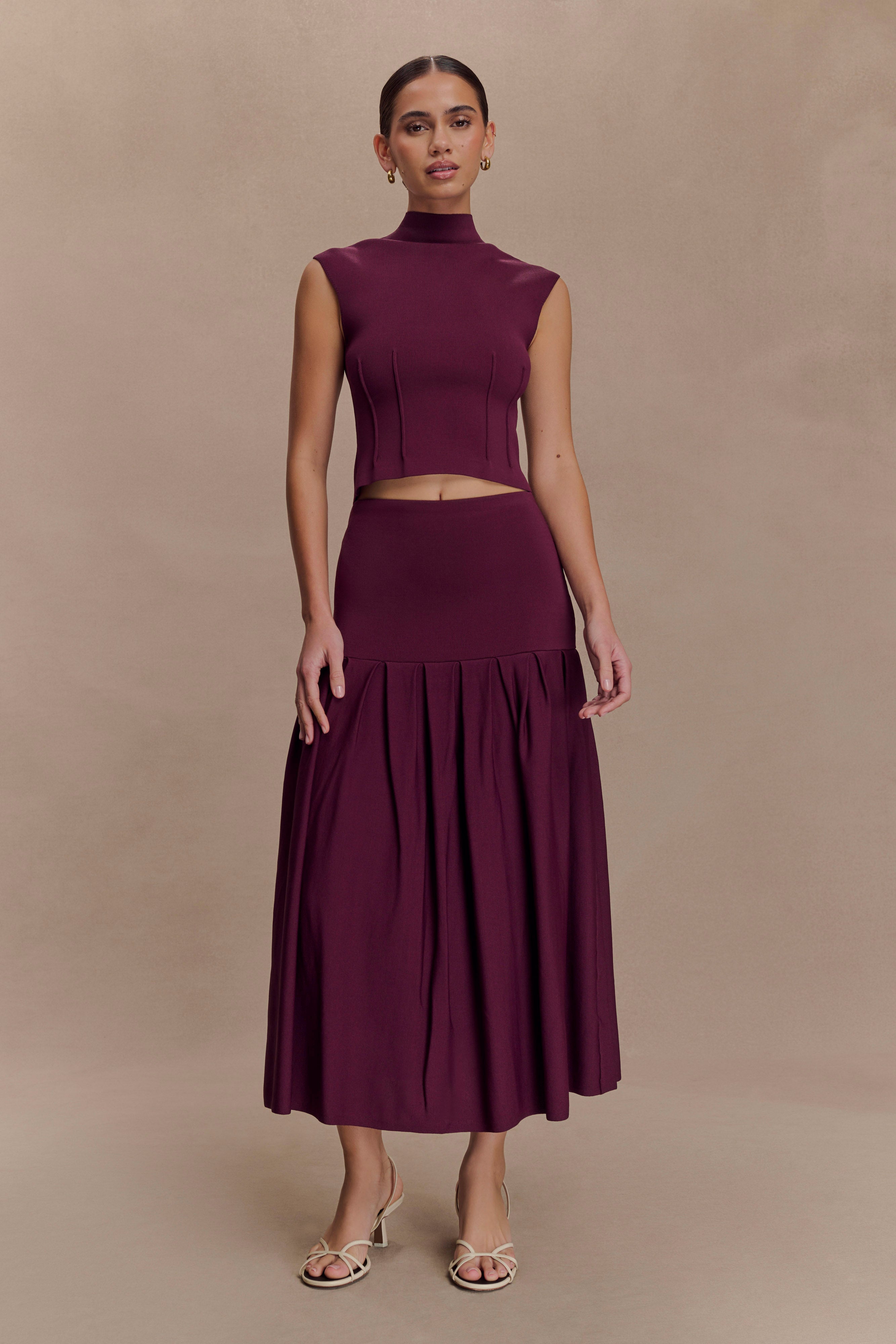 Romaine Bandage Knit Midi Skirt / Wine | MESHKI | S Romaine Bandage Knit Midi Skirt / Wine | MESHKI | S