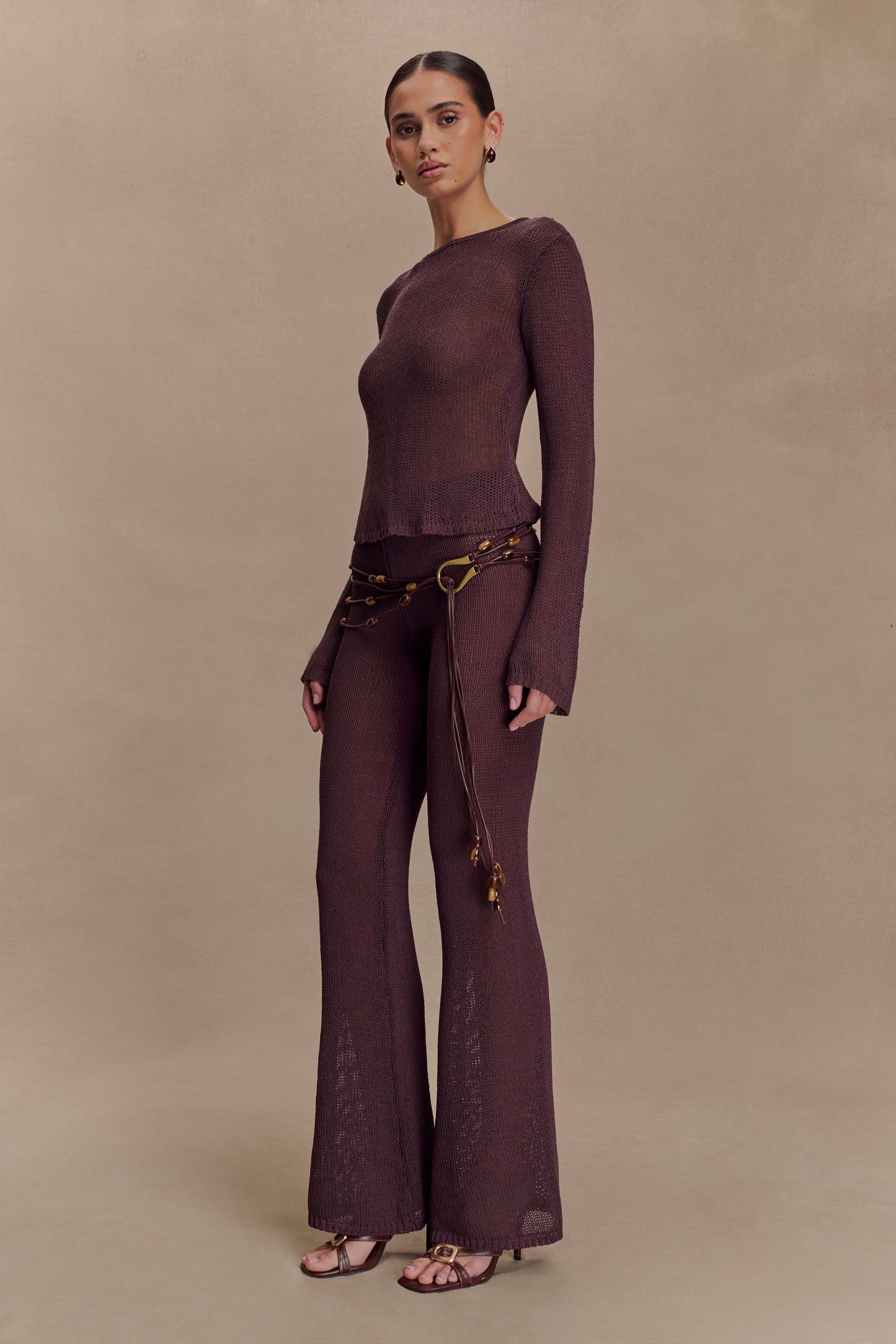 Enid Faux Leather Beaded Belt - Chocolate