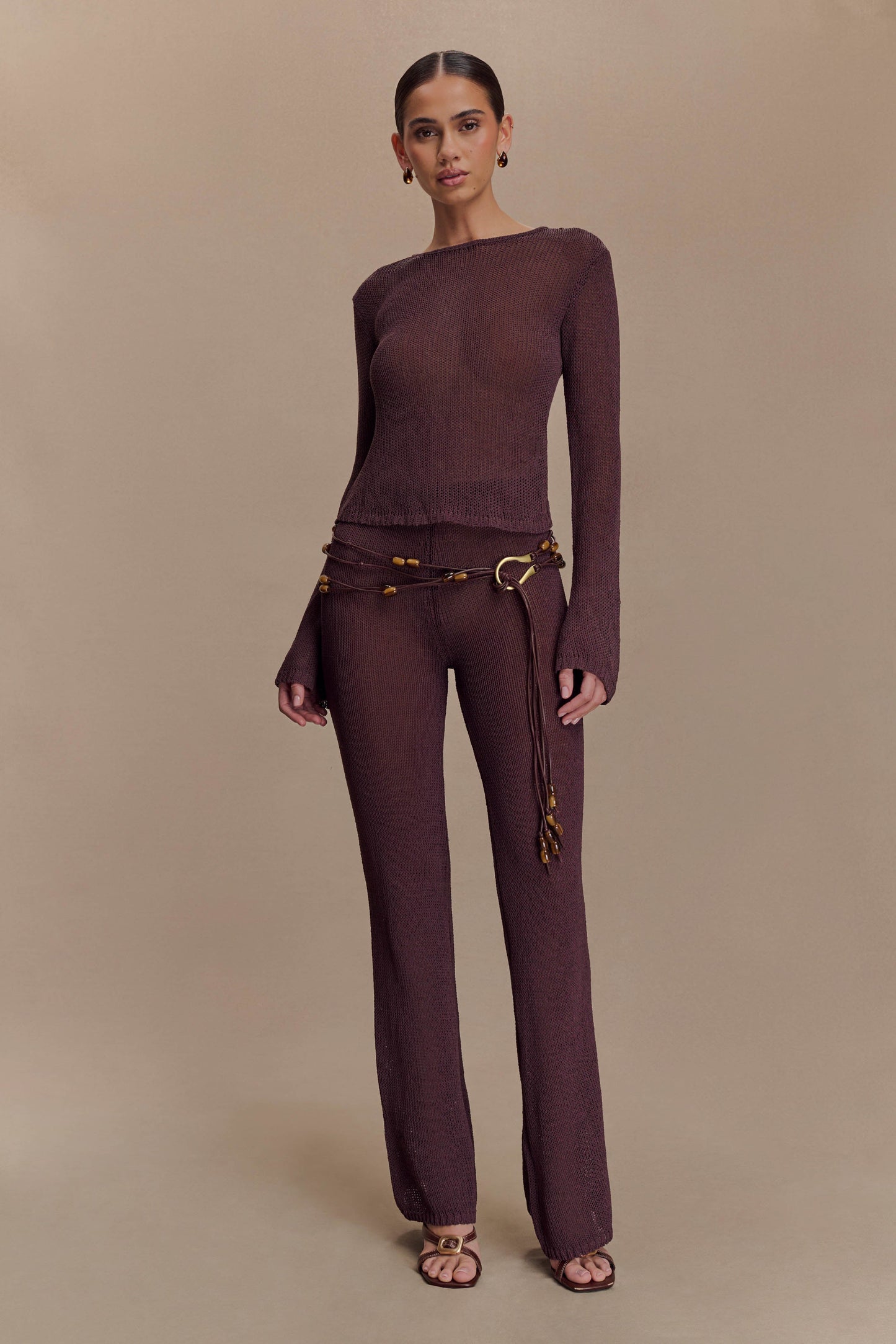 Enid Faux Leather Beaded Belt - Chocolate