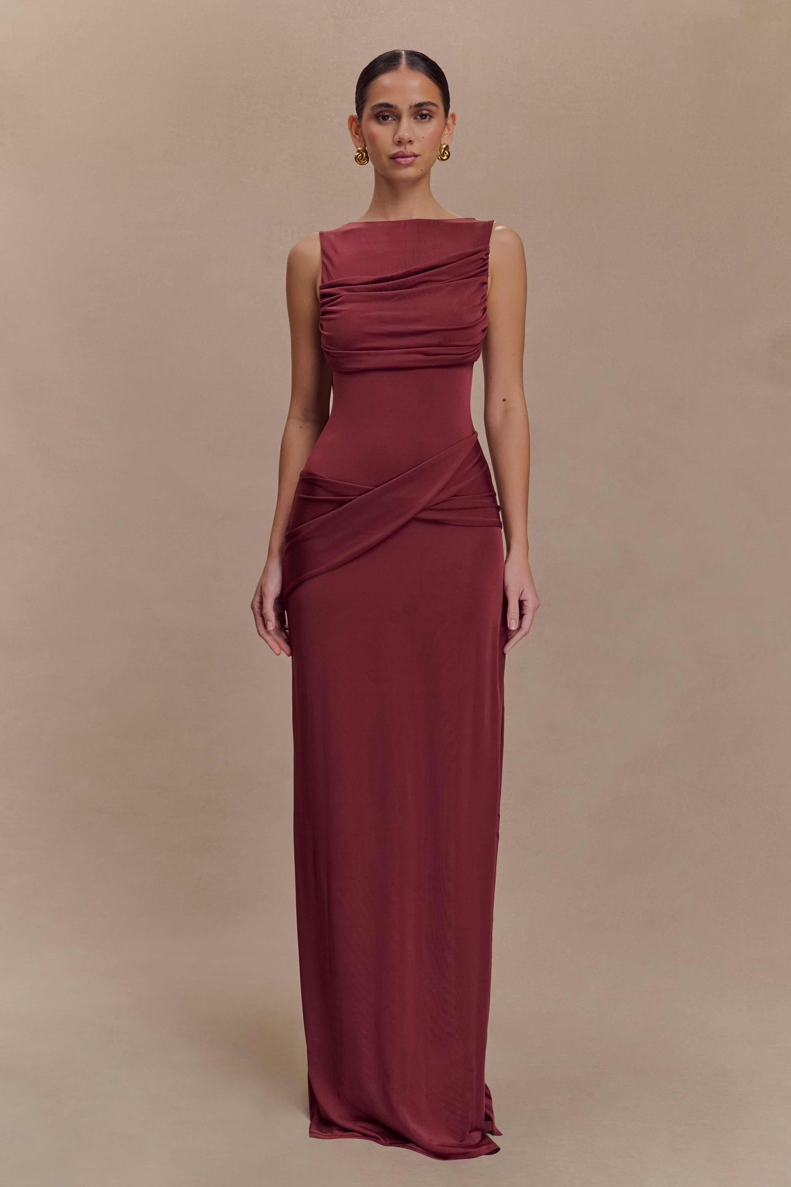 olive slinky drape front mini dress Henley Slinky Drape Maxi Dress / Wine | MESHKI