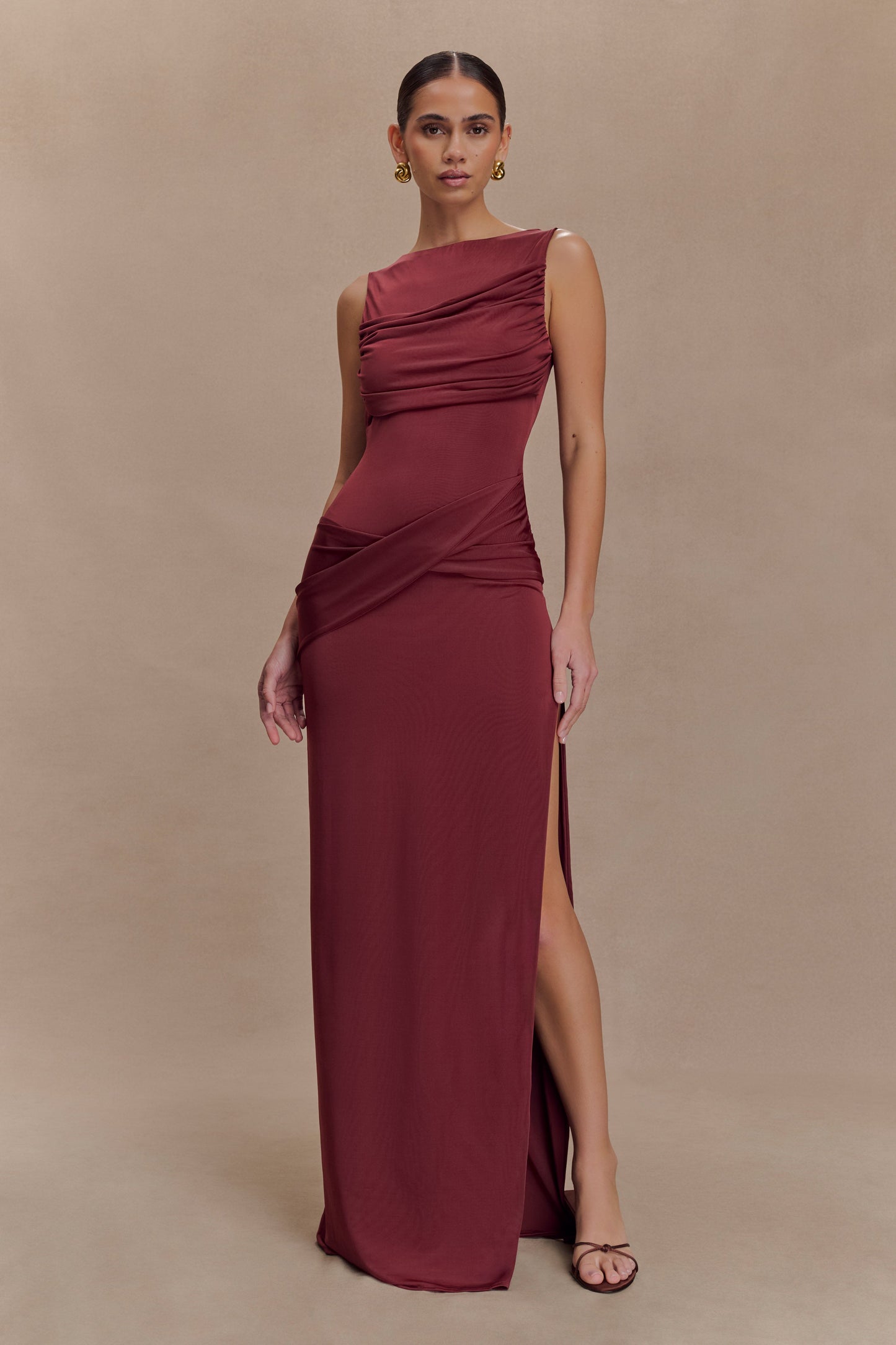 Henley Slinky Drape Maxi Dress - Wine