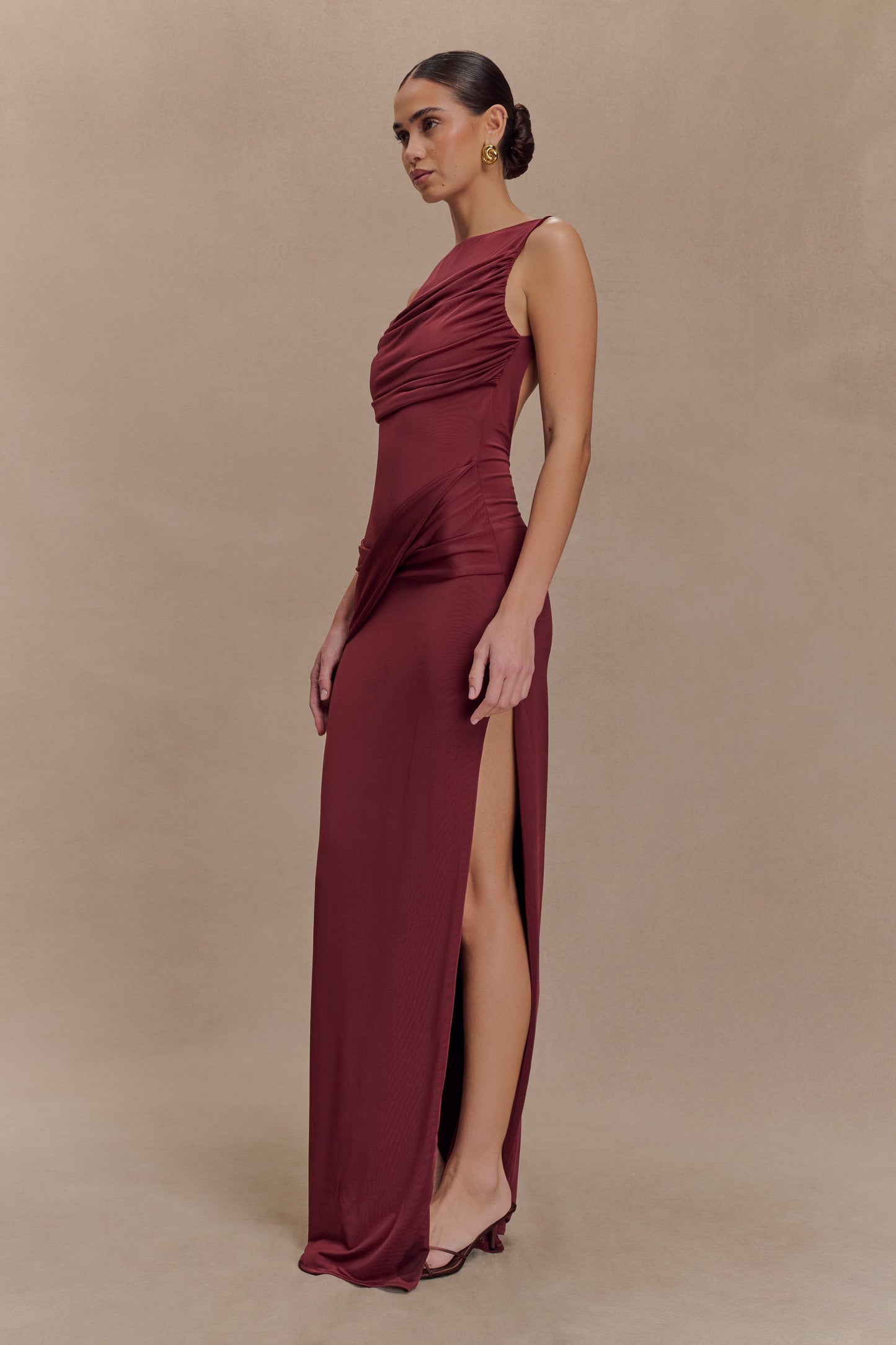 Henley Slinky Drape Maxi Dress - Wine