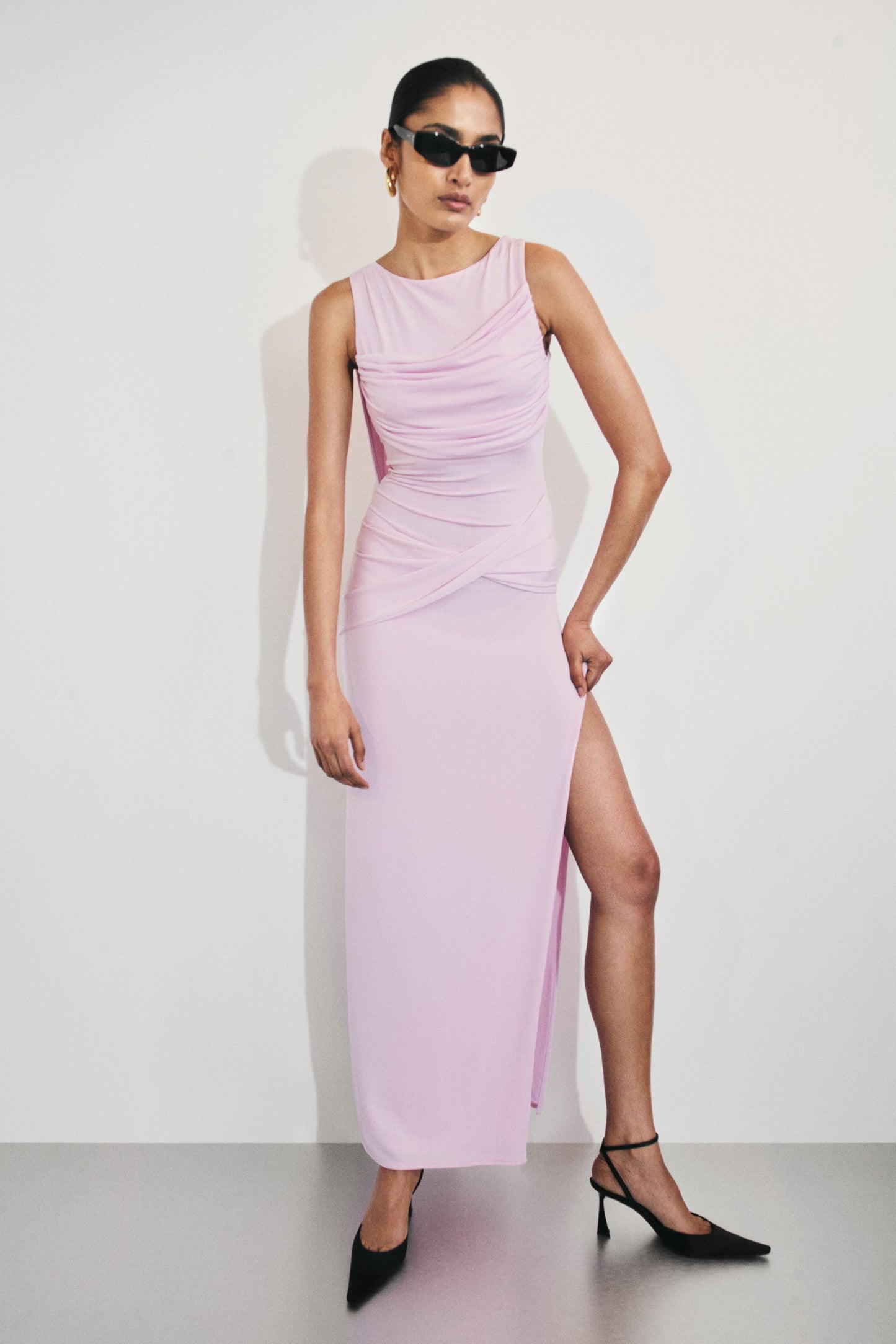 Henley Slinky Drape Maxi Dress - Baby Pink