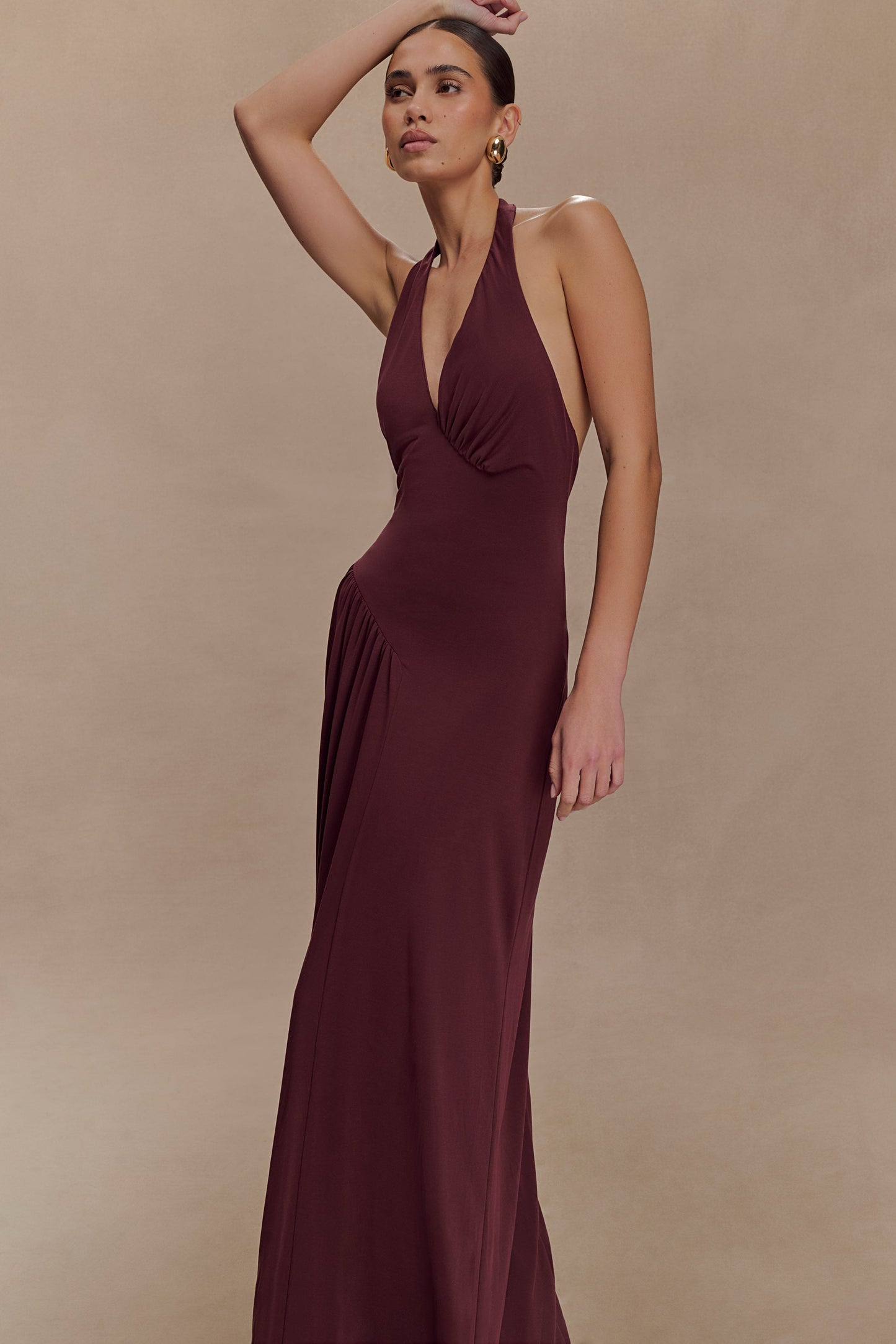 Yelena Ruched Halter Maxi Dress - Mahogany