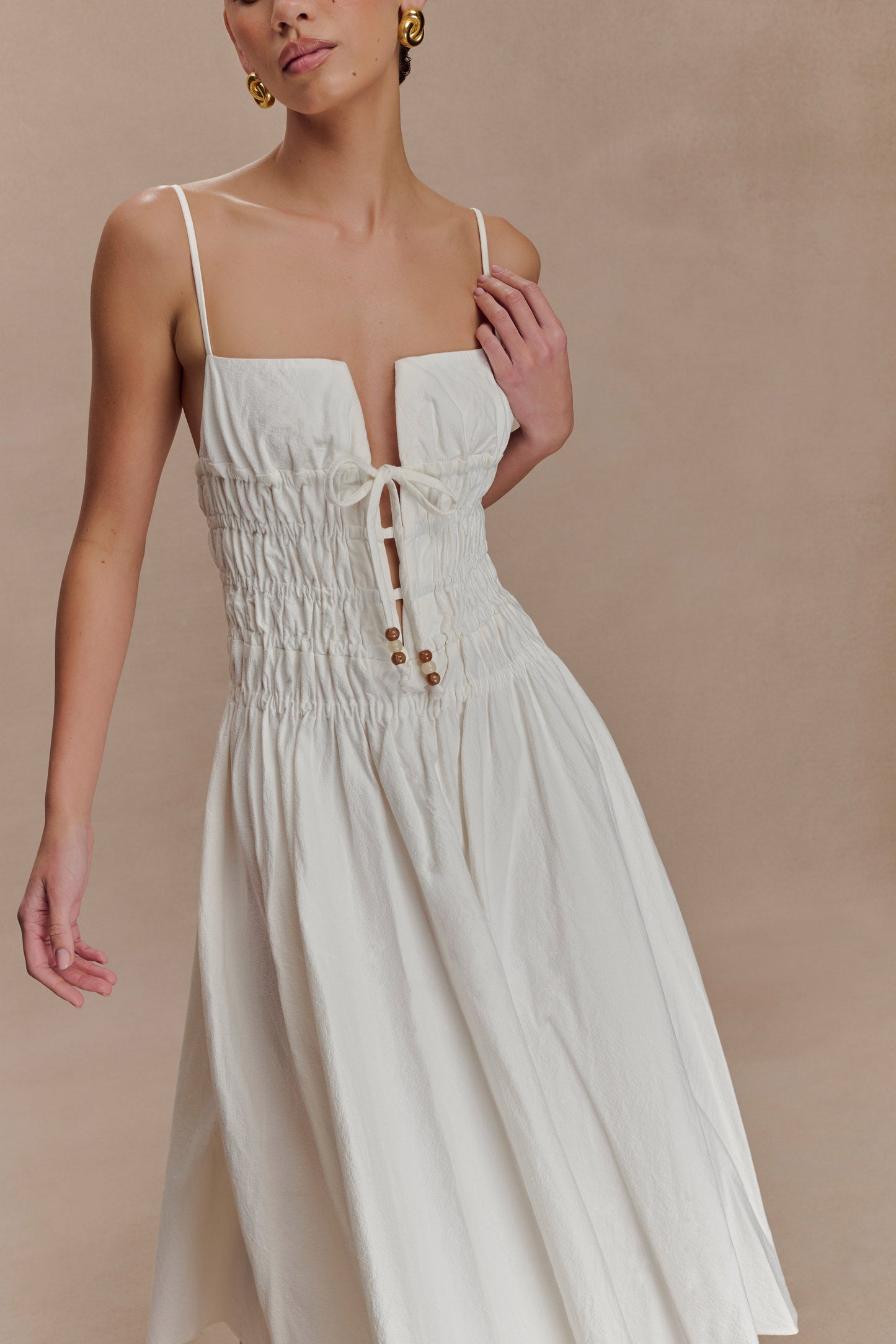 Elias Shirred Cotton Midi Dress - White