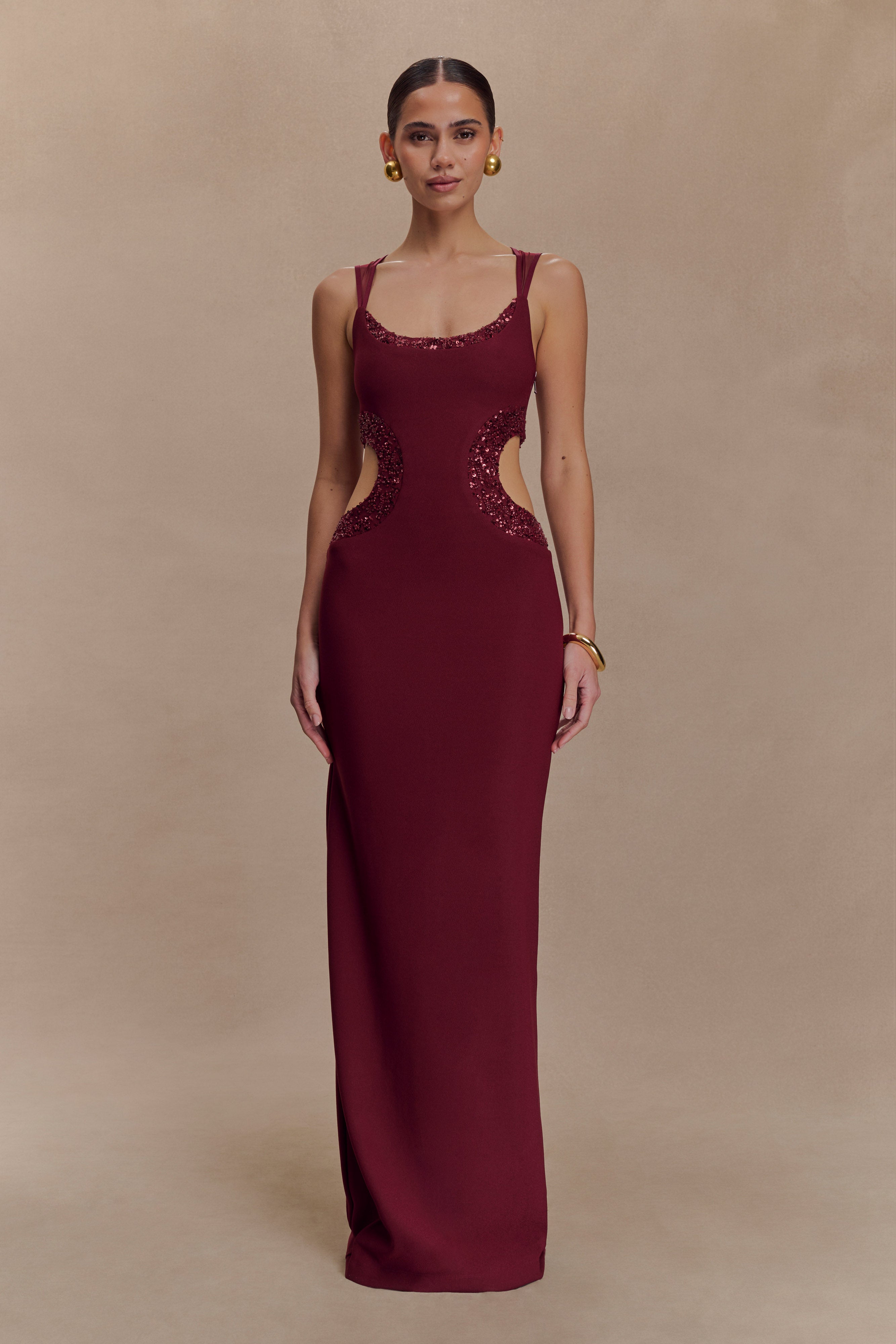 Angelique Beaded Crepe Maxi Dress / Wine | Meshki
