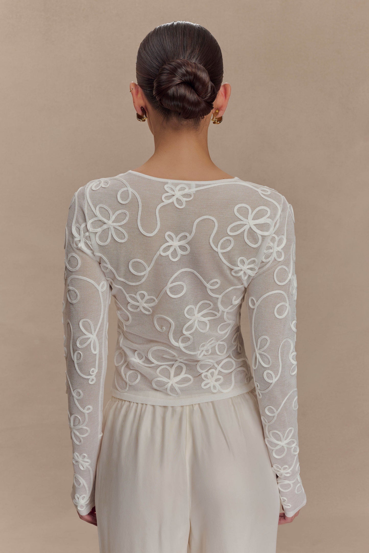 Omari Embroidery Long Sleeve Knit Top - Ivory